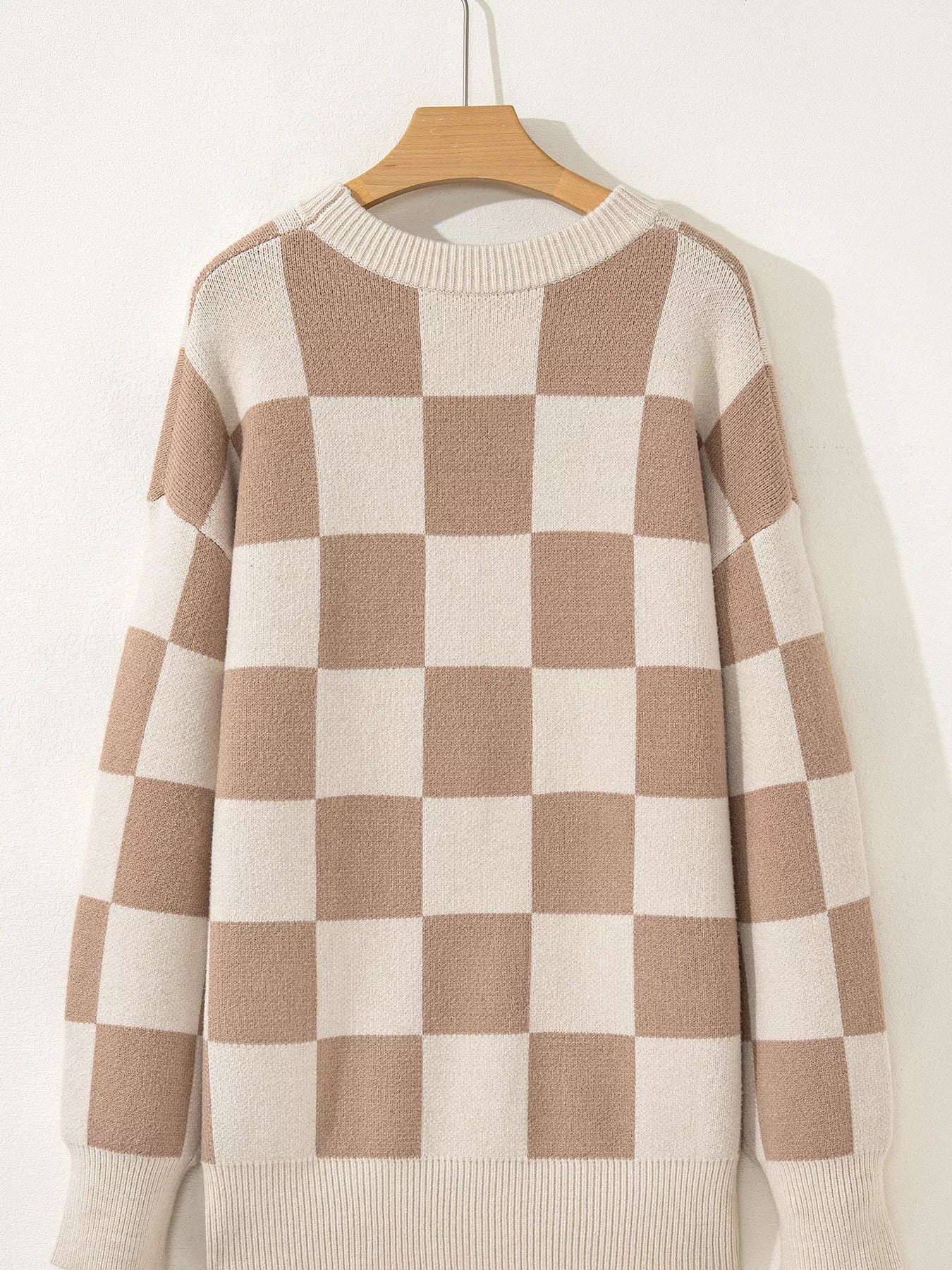 Checkered Pattern Ribbed Trim Knit Baggy Sweater - Image 7