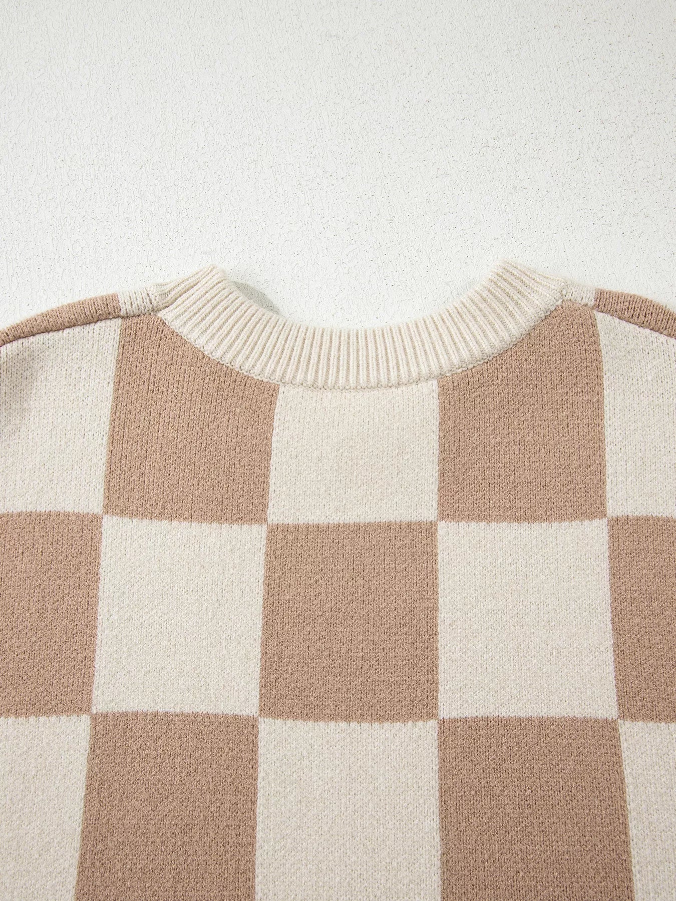 Checkered Pattern Ribbed Trim Knit Baggy Sweater - Image 9