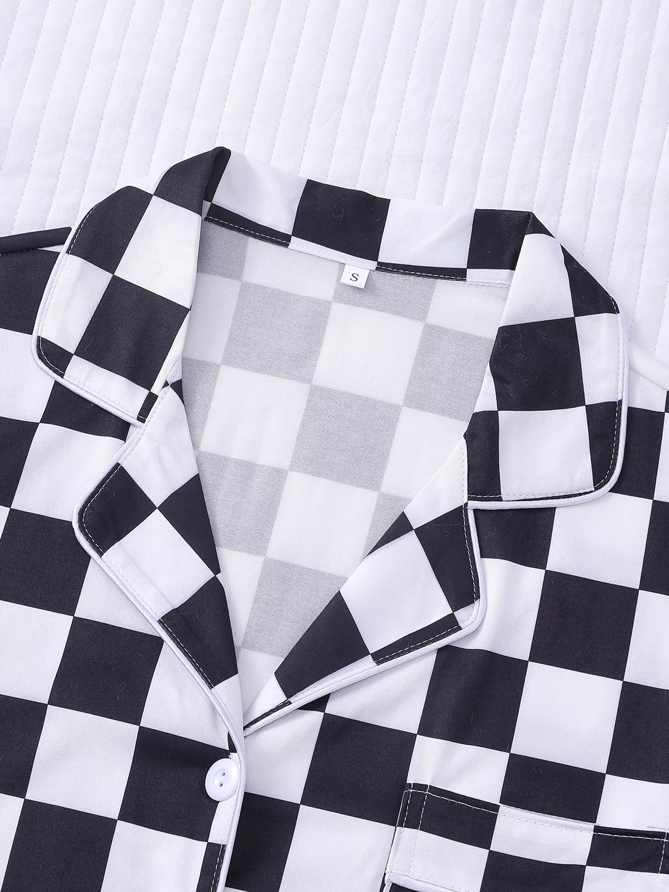 Checkered Print Button Up Top and Shorts Lounge Set - Image 8