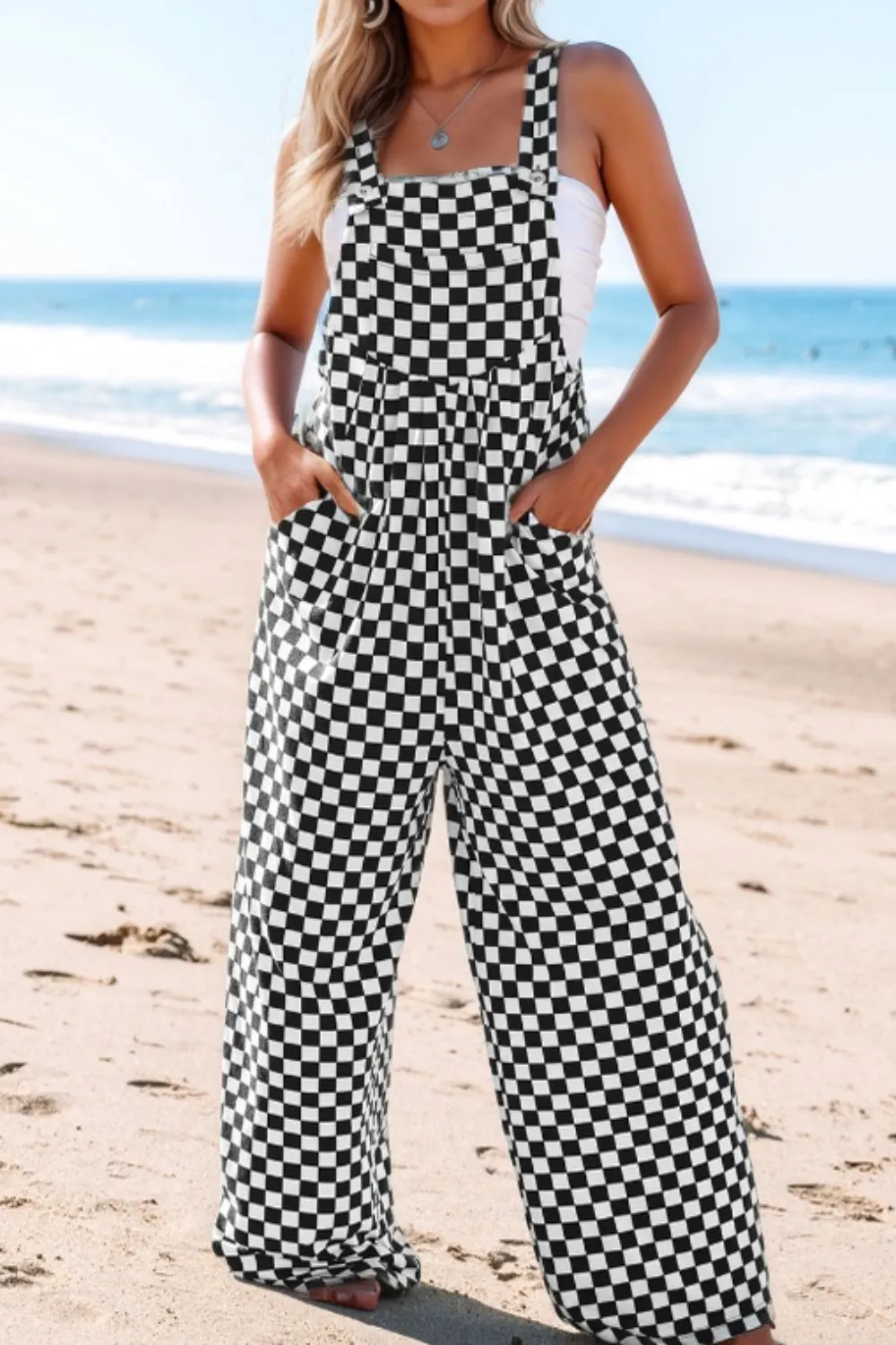 Checkered Print Pocketed Wide Leg Jumpsuit - Image 2