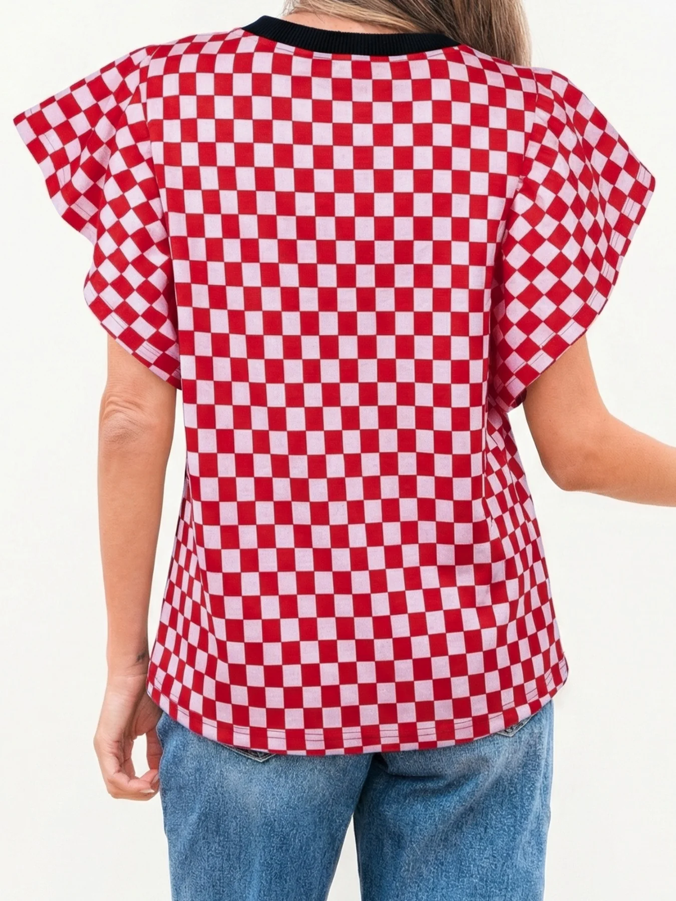 Checkered Print Ruffle Cap Sleeve Contrast Trim Round Neck Top - Image 2