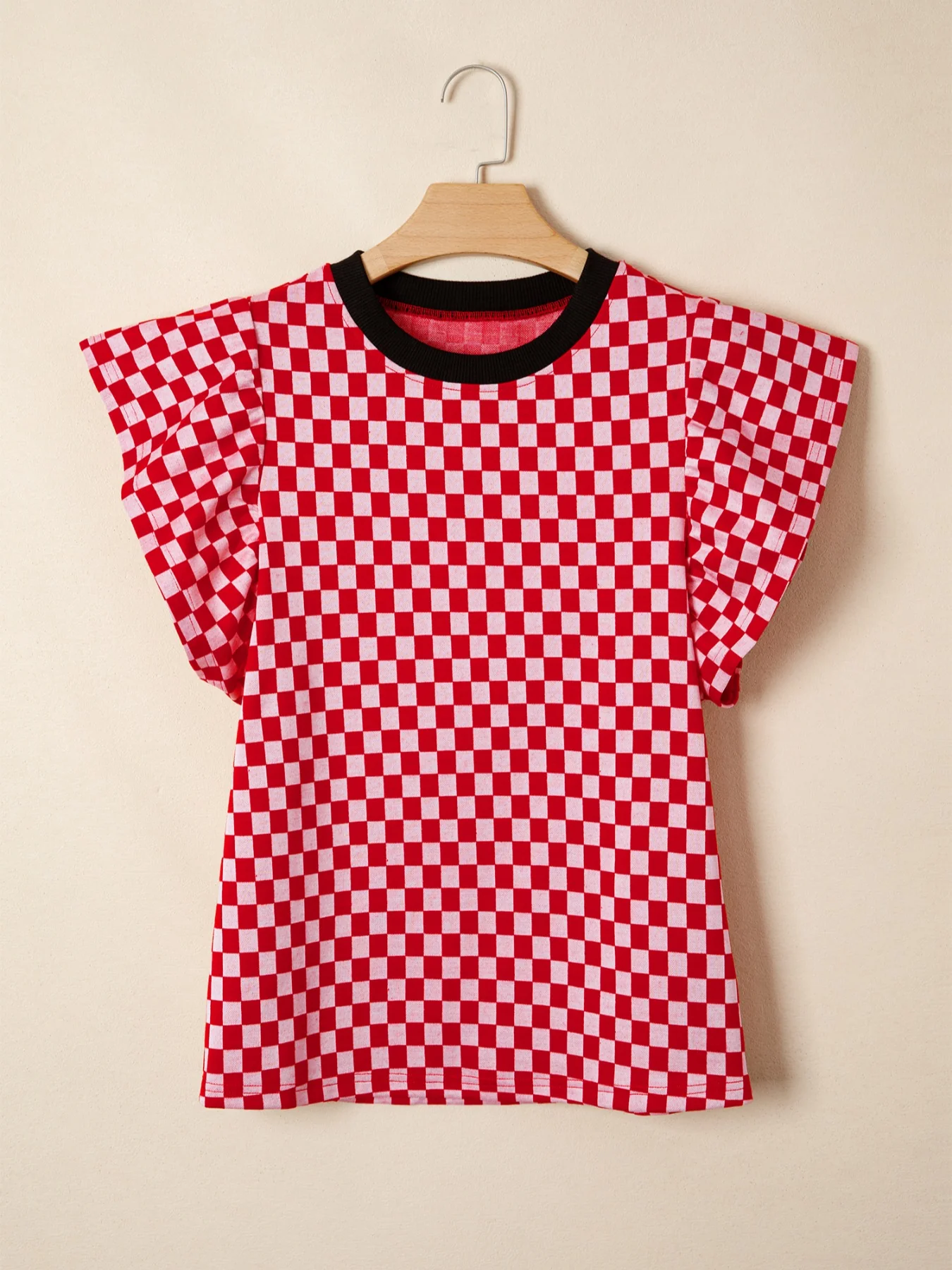 Checkered Print Ruffle Cap Sleeve Contrast Trim Round Neck Top - Image 4