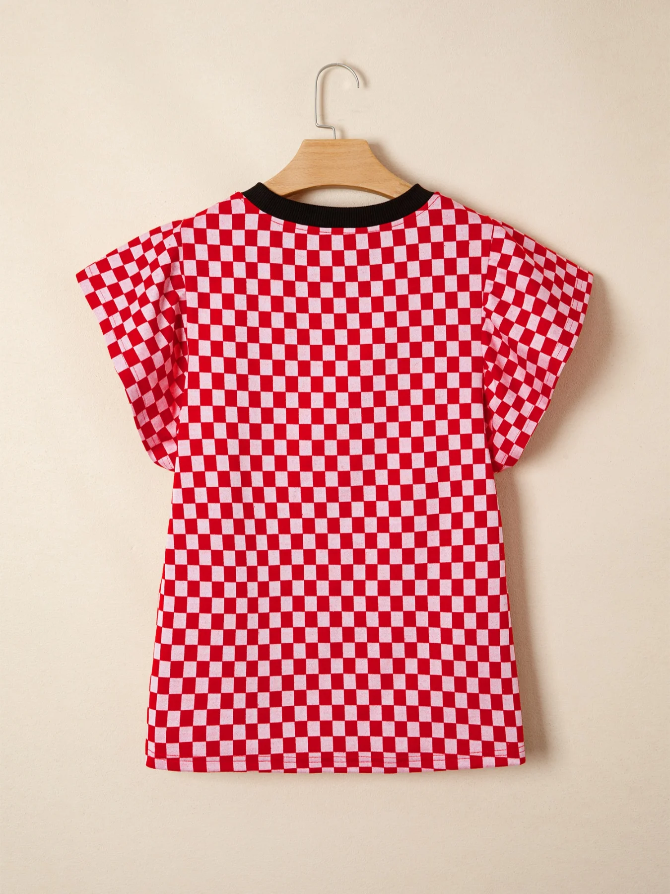 Checkered Print Ruffle Cap Sleeve Contrast Trim Round Neck Top - Image 5