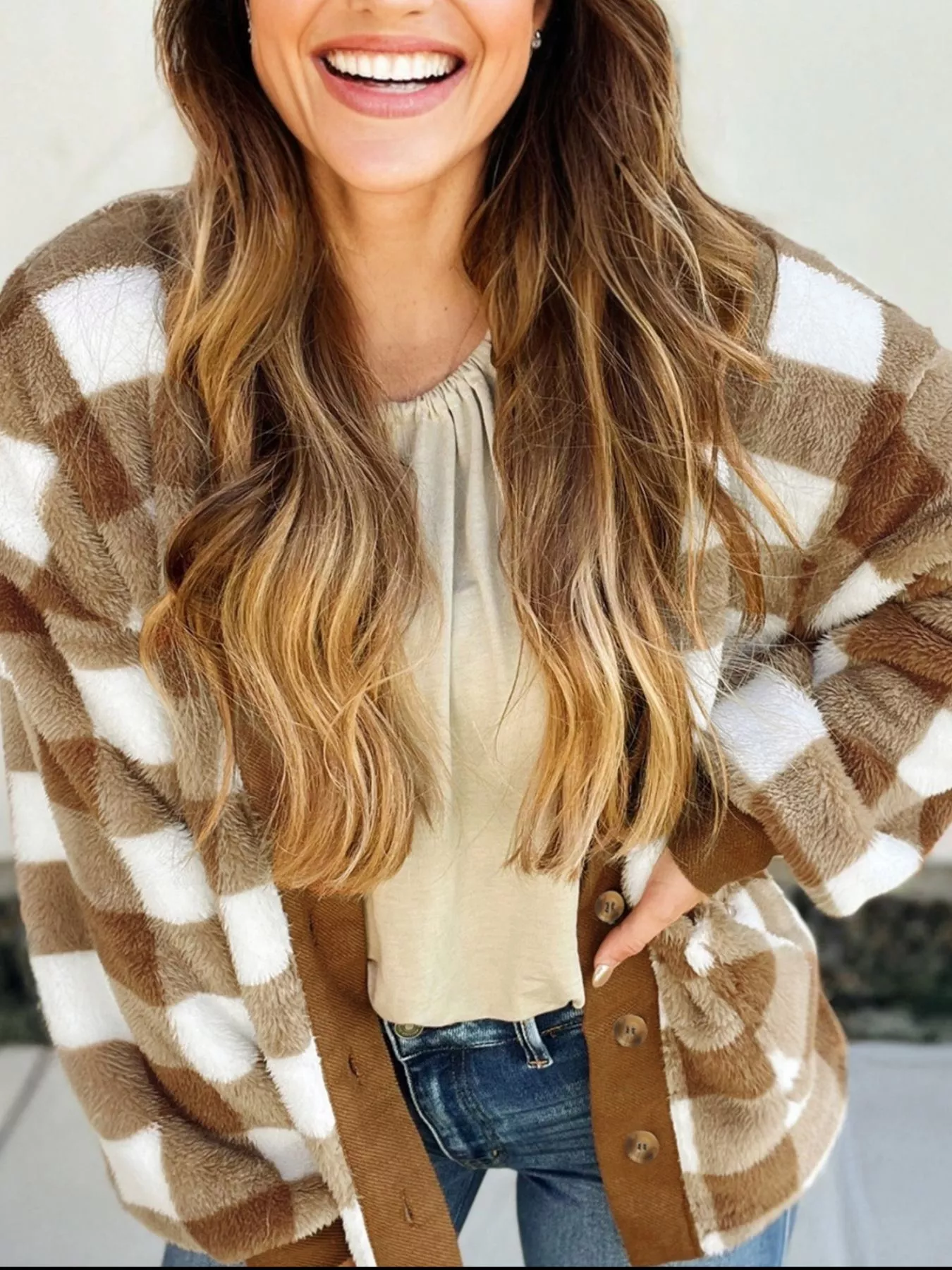 Checkered Sherpa Loose Knit Cardigan with Pockets - Image 3