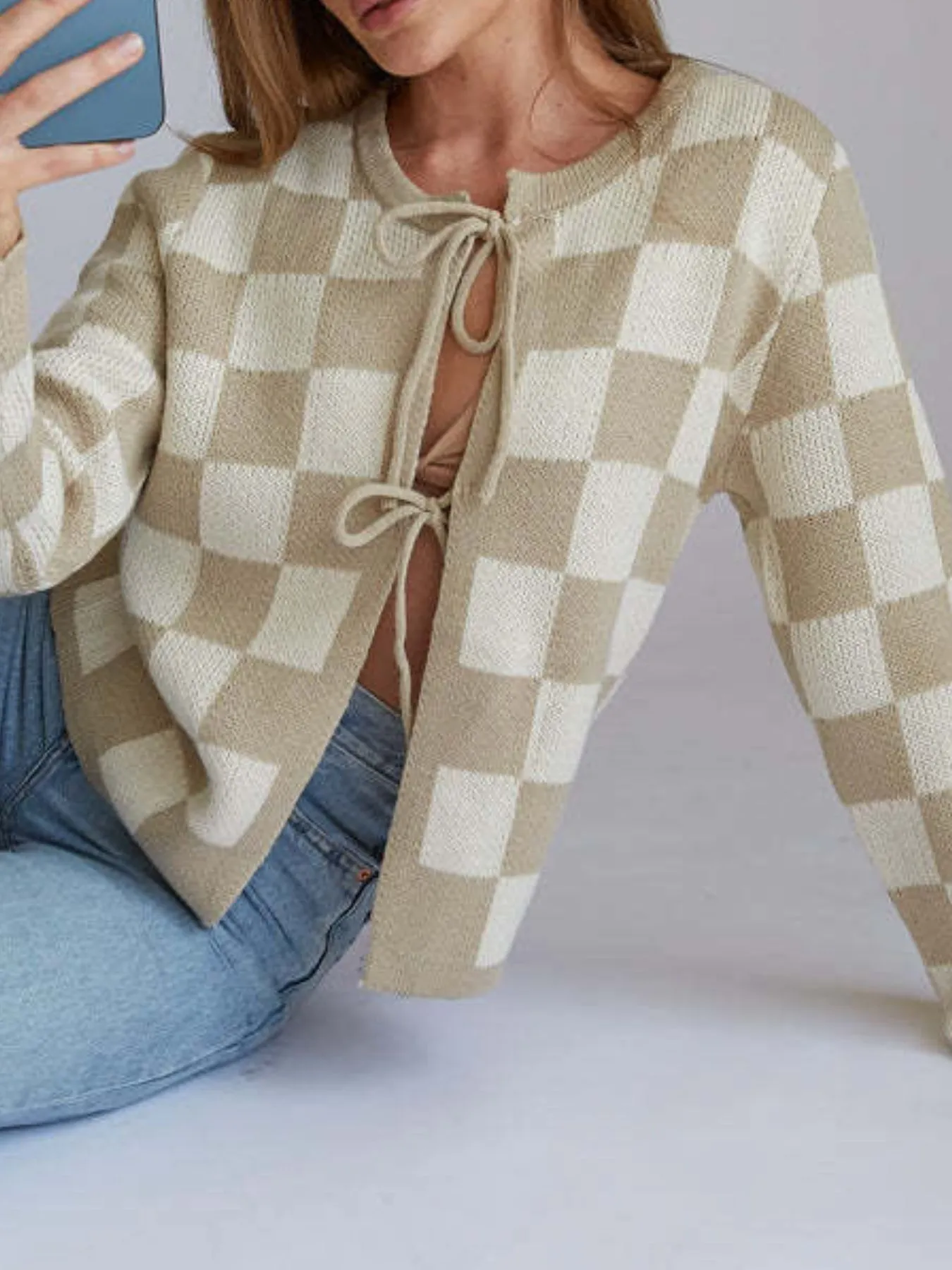 Checkered Tie-Front Cropped Cardigan - Image 2
