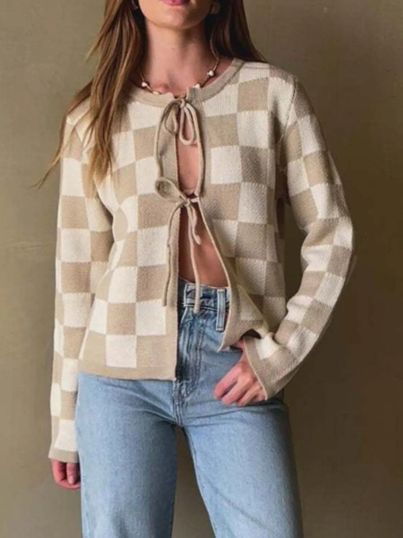 Checkered Tie-Front Cropped Cardigan - Image 5