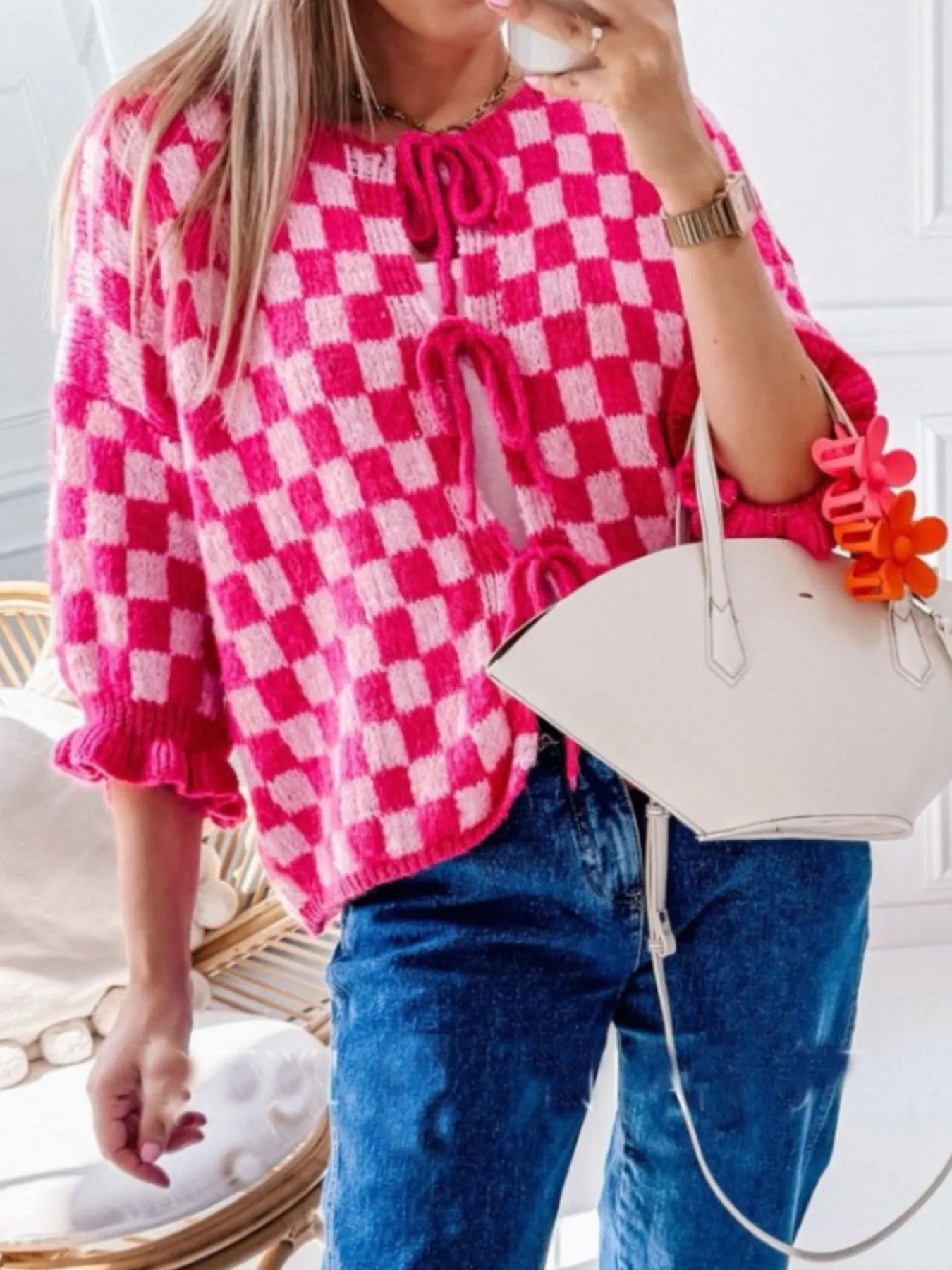 Checkered Tie-Front Knit Cardigan - Image 4