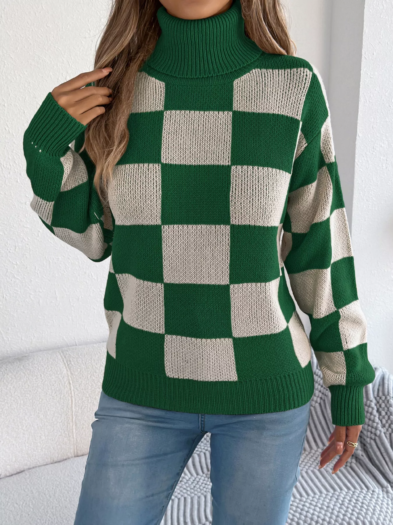 Checkered Turtleneck Long Sleeve Sweater - Image 2