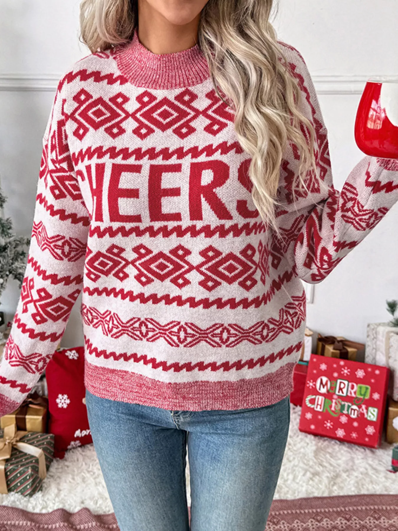 CHEERS Round Neck Long Sleeve Christmas Sweater - Image 2