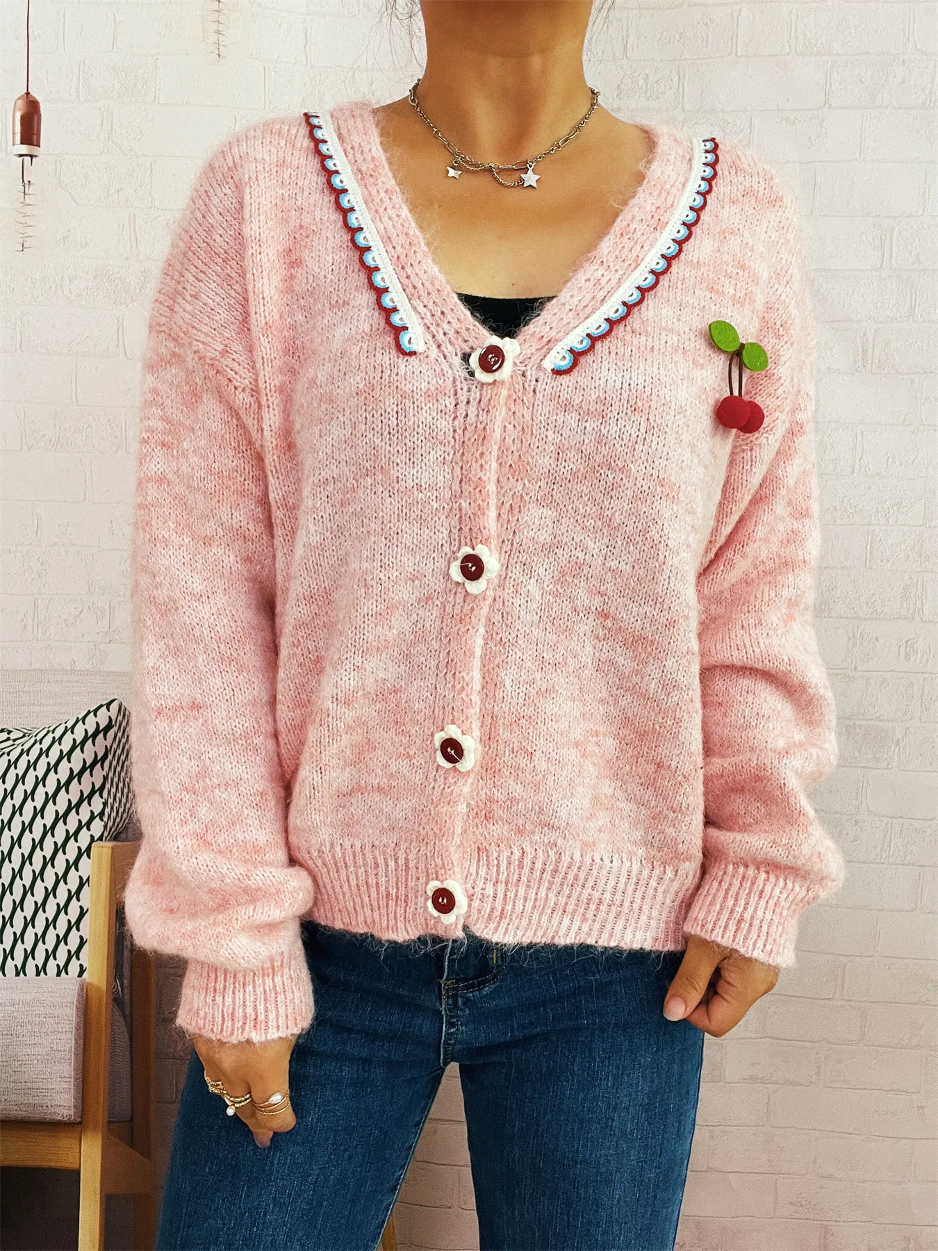Cherry Button-Front Long Sleeve Cardigan - Image 3