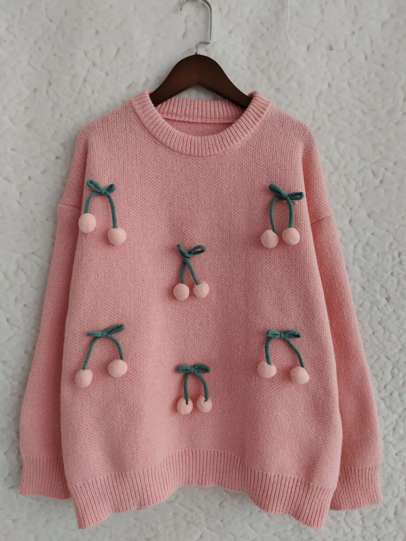 Cherry Pom-Pom Knit Round Neck Sweater - Image 4