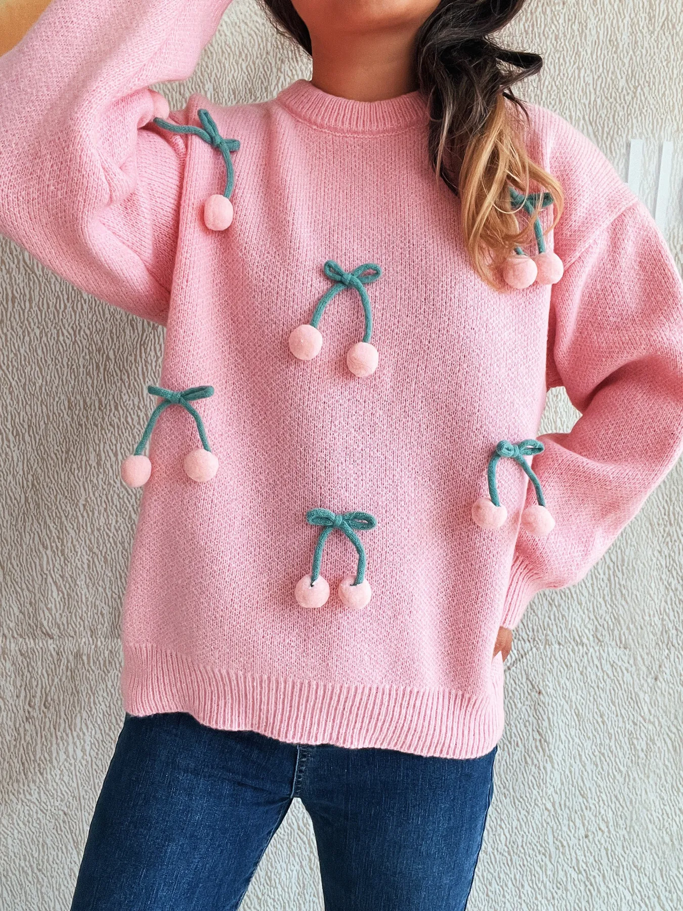Cherry Round Neck Long Sleeve Sweater - Image 13