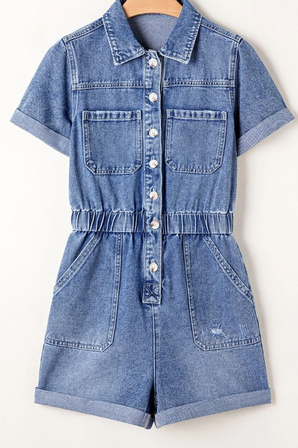 Chest Pocket Front Buttoned Folded Edge Denim Short Sleeve Romper - Image 4