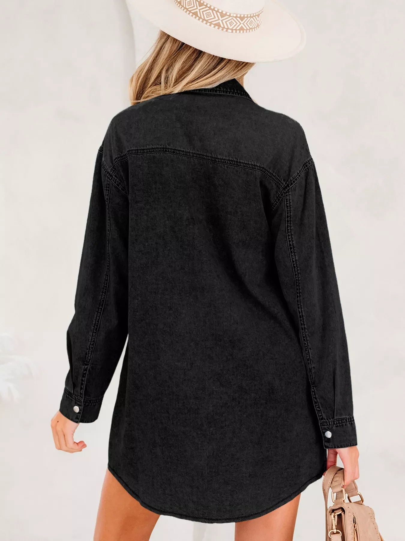 Chest Pocket Raw Hem Denim Loose Shirt Dress - Image 2