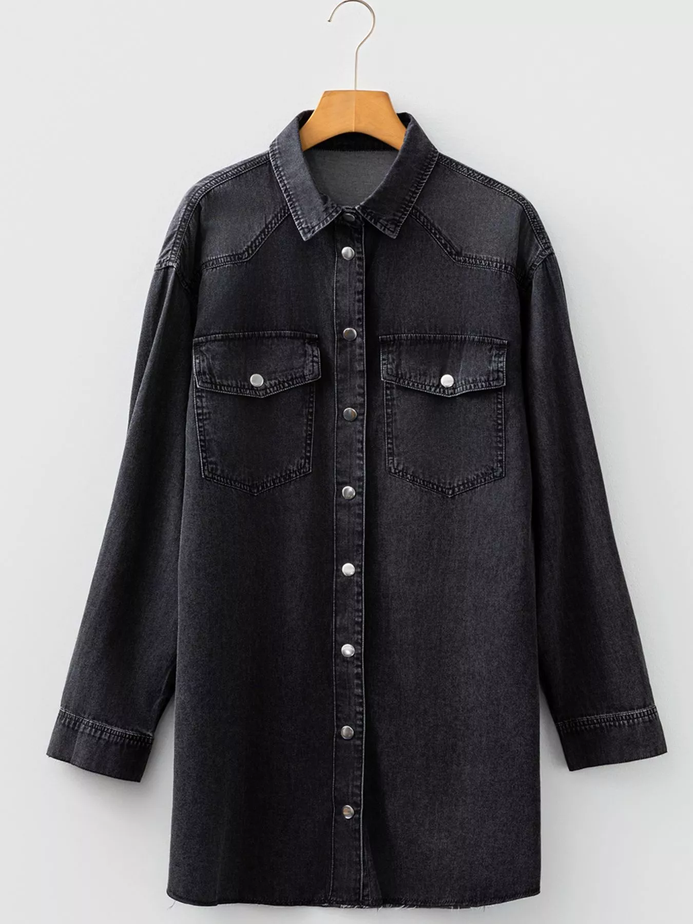 Chest Pocket Raw Hem Denim Loose Shirt Dress - Image 6