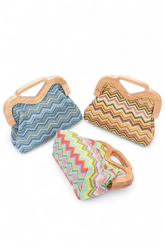 Chevron Print Faux Straw Wodden Frame Clutch Bag - Image 7