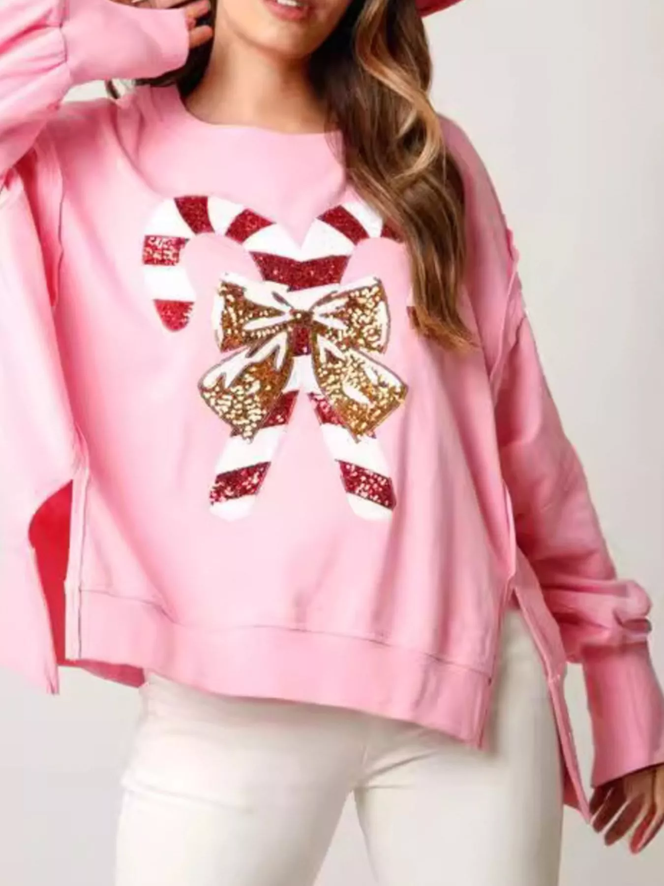 Christmas Candy Cane Bow Dropped Shoulder Sweatshirt - Image 2