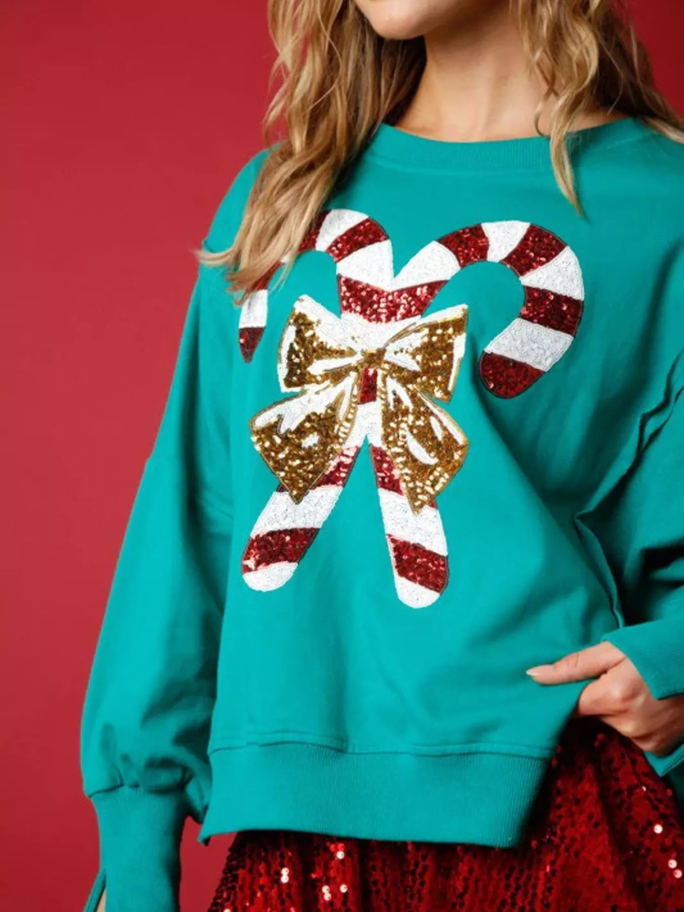 Christmas Candy Cane Bow Dropped Shoulder Sweatshirt - Image 8