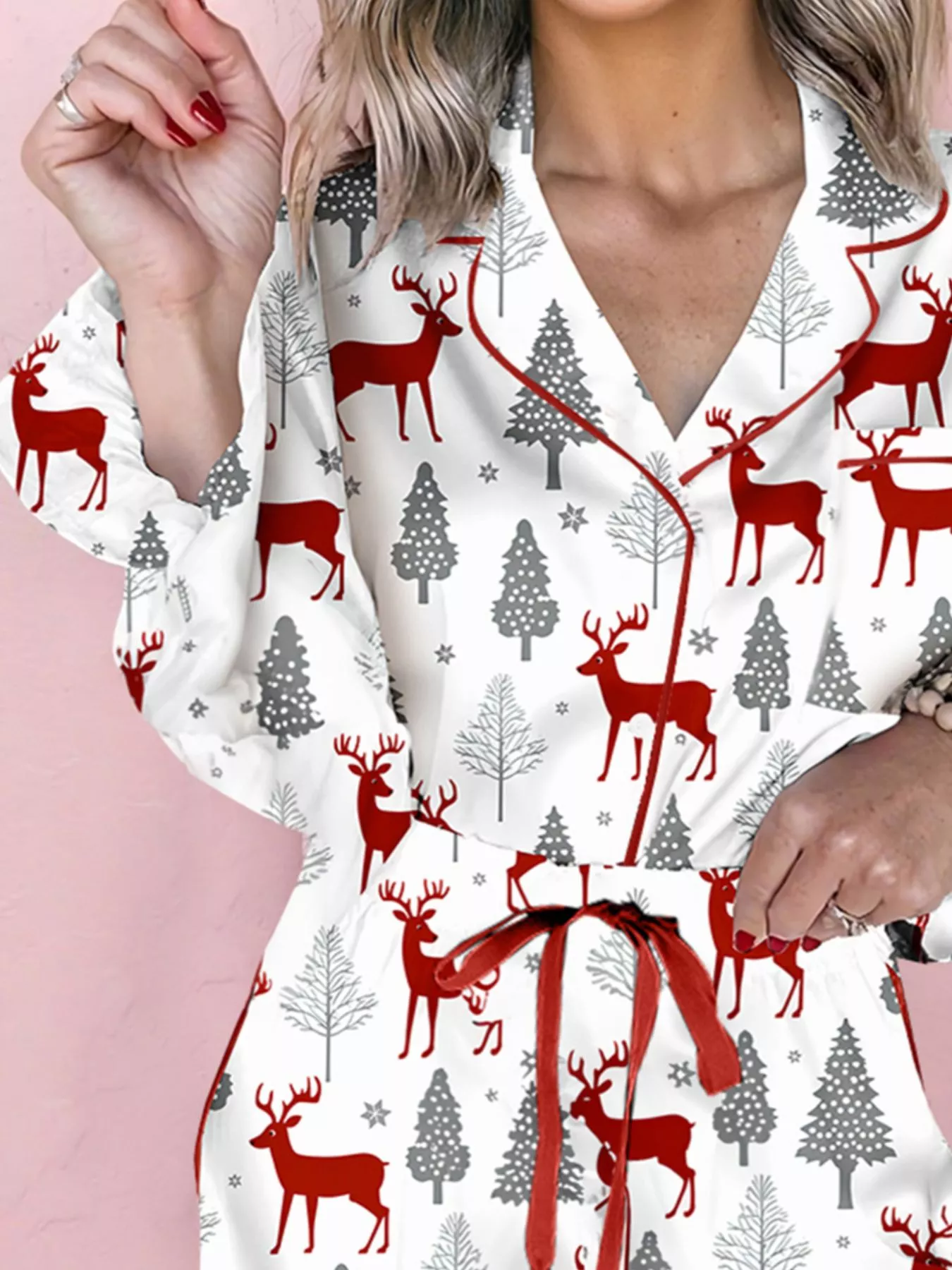 Christmas Fashion Print Velvet Trim Top and Shorts Pajama 2pcs Set - Image 3