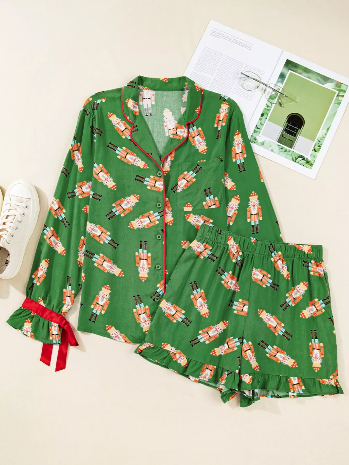 Christmas Nutcracker Button Up Top and Shorts Lounge Set - Image 3