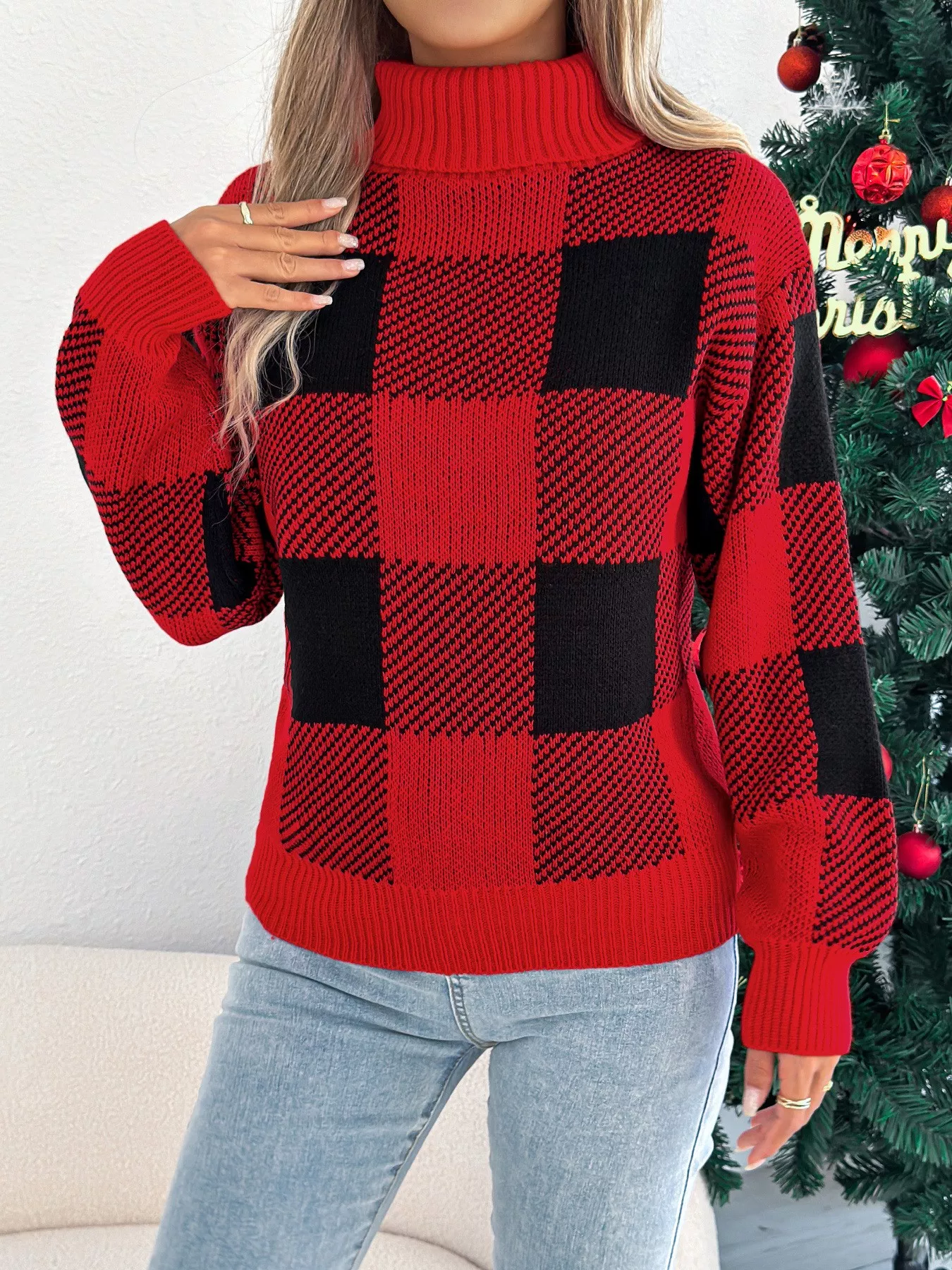 Christmas Plaid Long Sleeve Turtleneck Sweater - Image 11