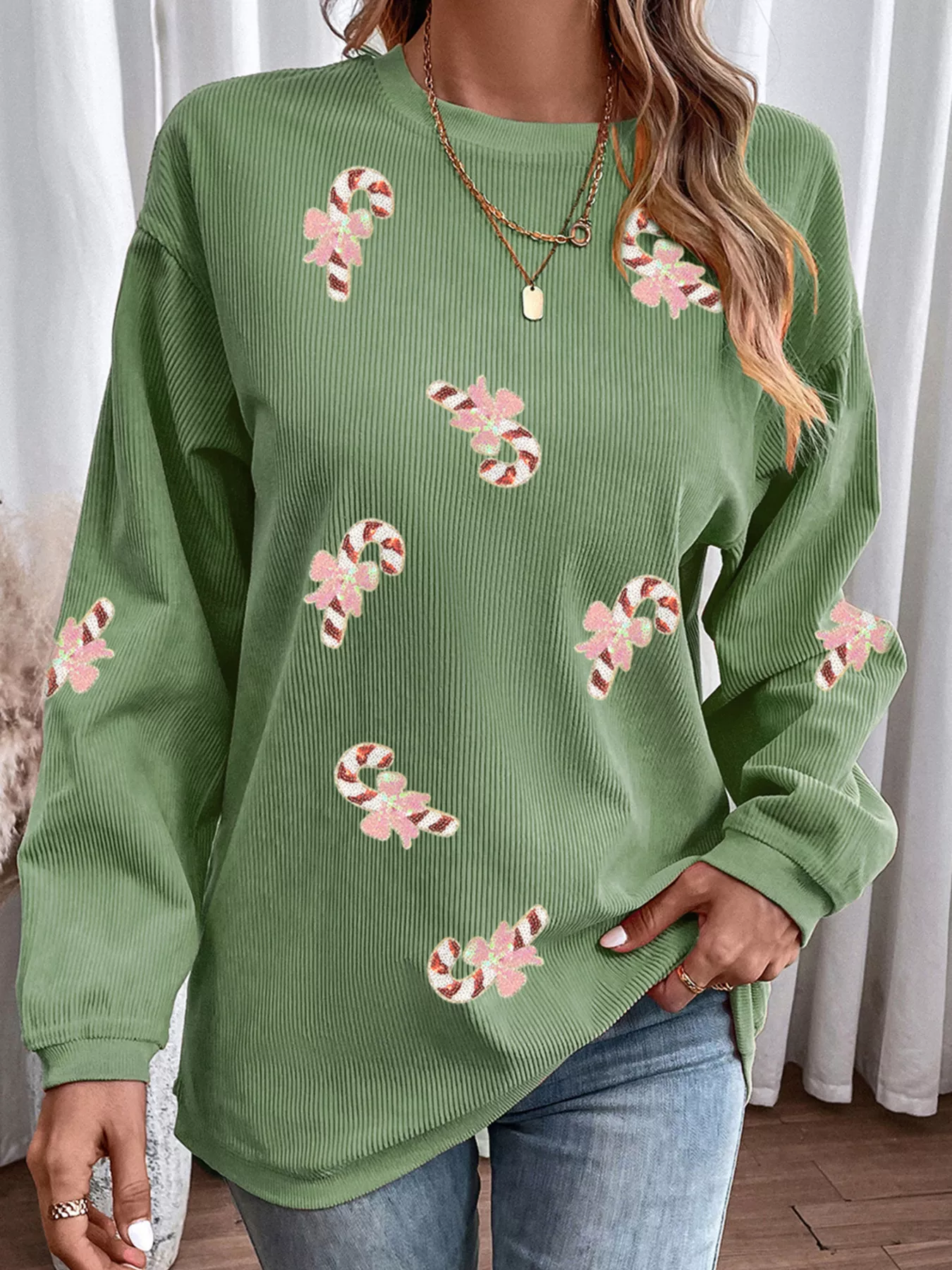 Christmas Sequin Candy Cane Patched Corded Ribbed Baggy Sweatshirt - Image 2