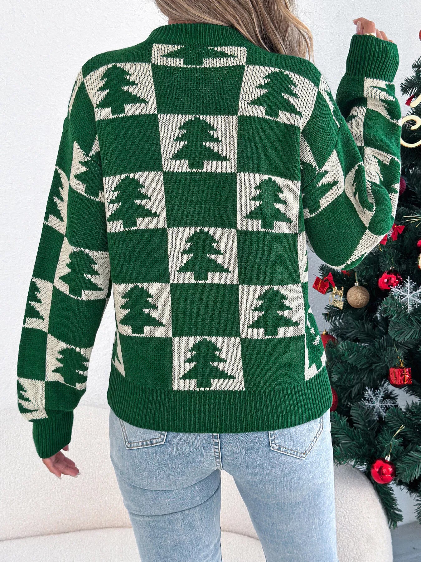 Christmas Tree Checkerboard Pattern Sweater - Image 2