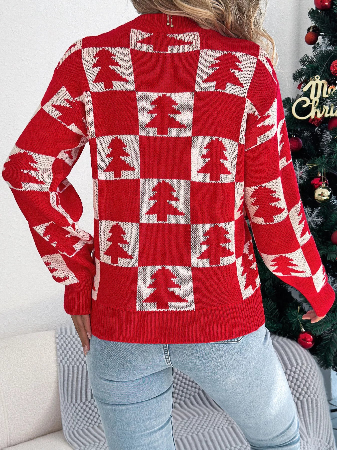 Christmas Tree Checkerboard Pattern Sweater - Image 8