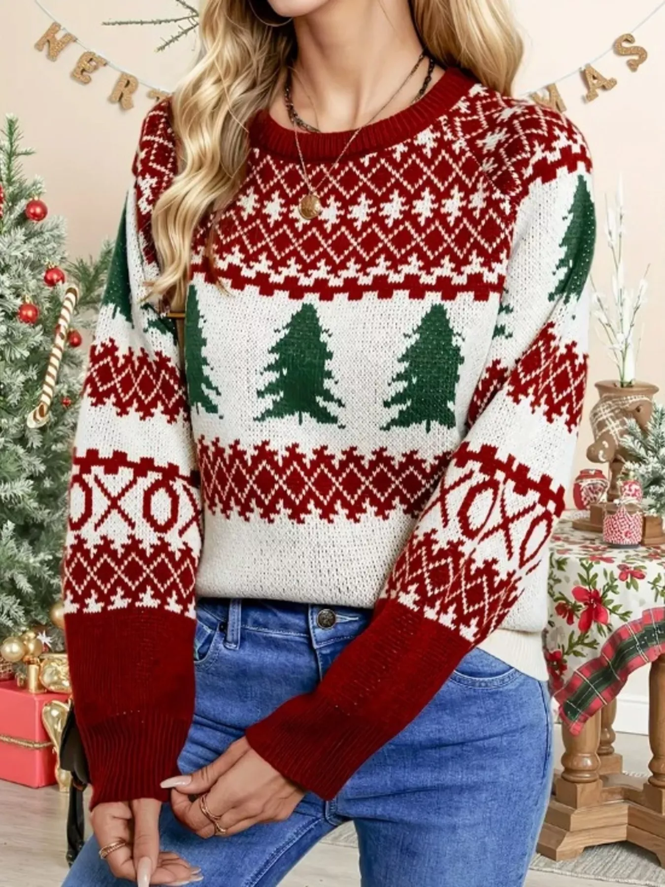 Christmas Tree Pattern Round Neck Sweater - Image 2
