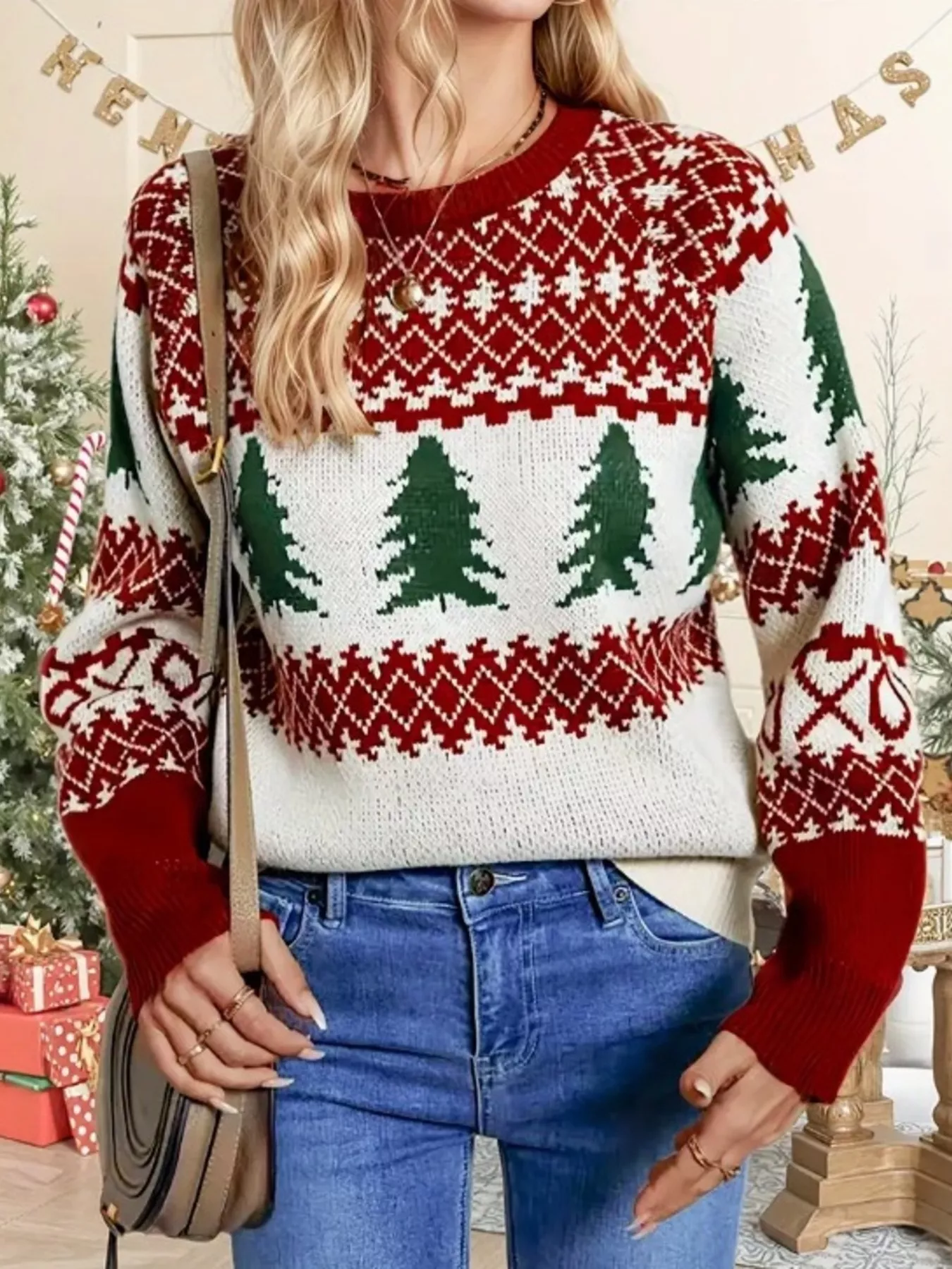 Christmas Tree Pattern Round Neck Sweater - Image 3