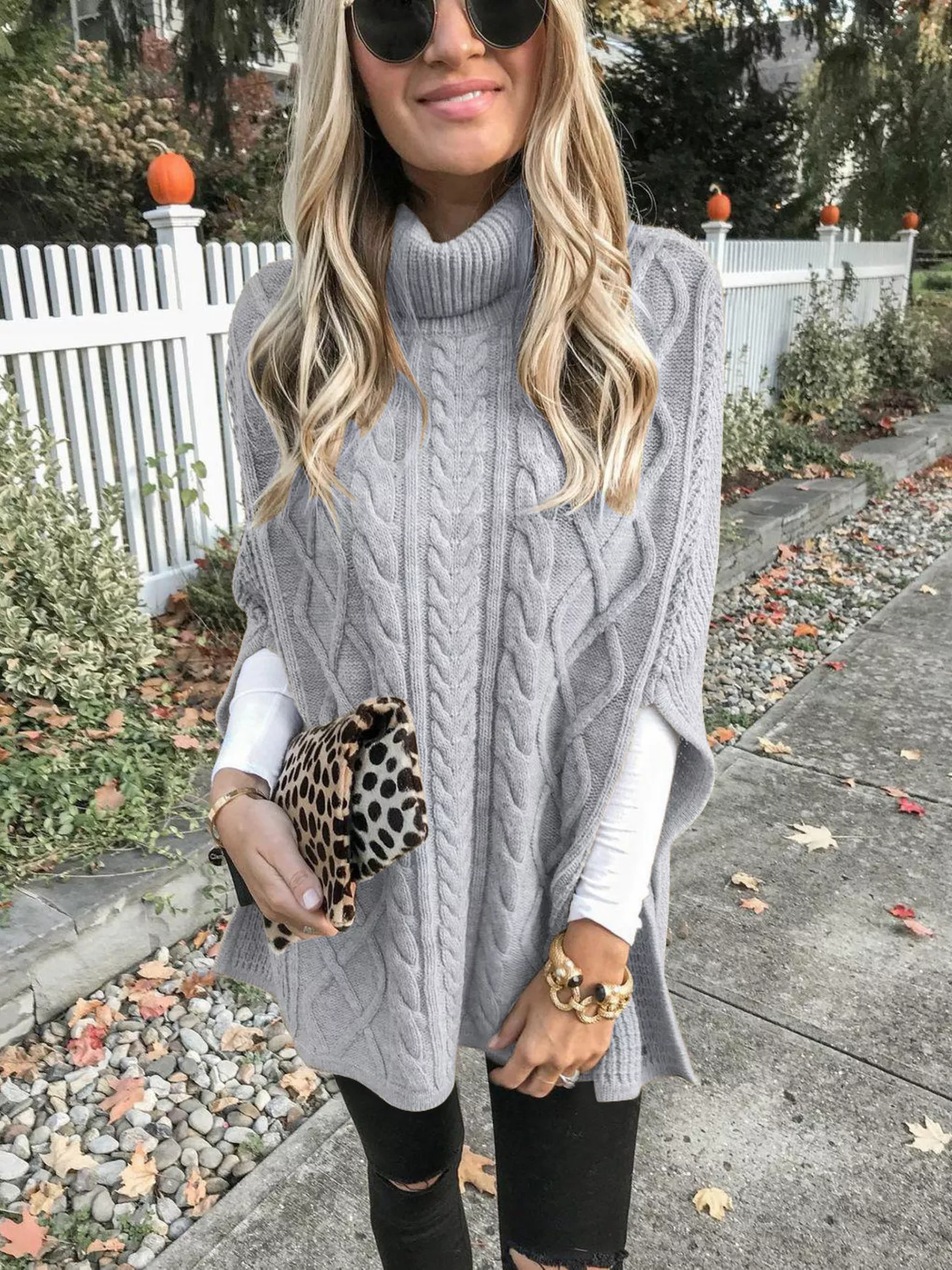 Chunky Cable Knit Turtleneck Poncho Cover Up - Image 4