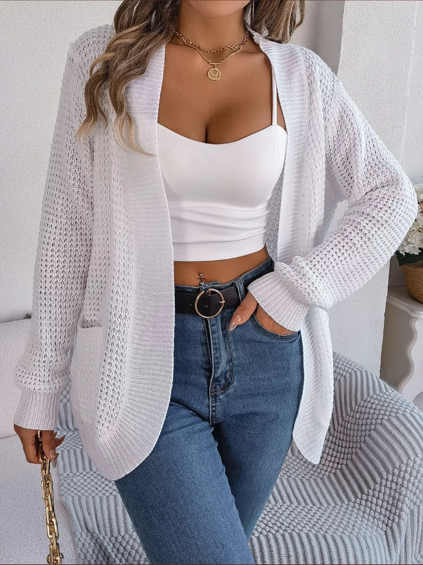 Chunky Knit Open Front Cardigan with Pockets - Image 12