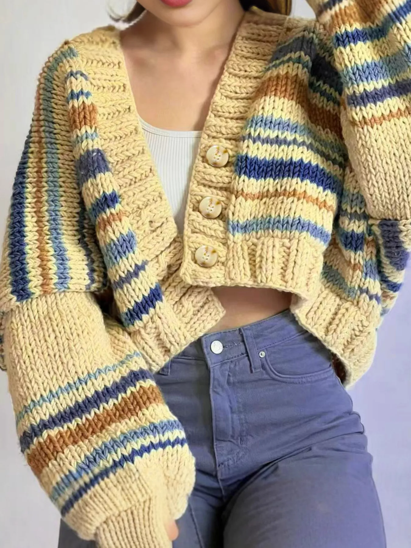 Chunky Knit Striped Cropped Cardigan - Image 2