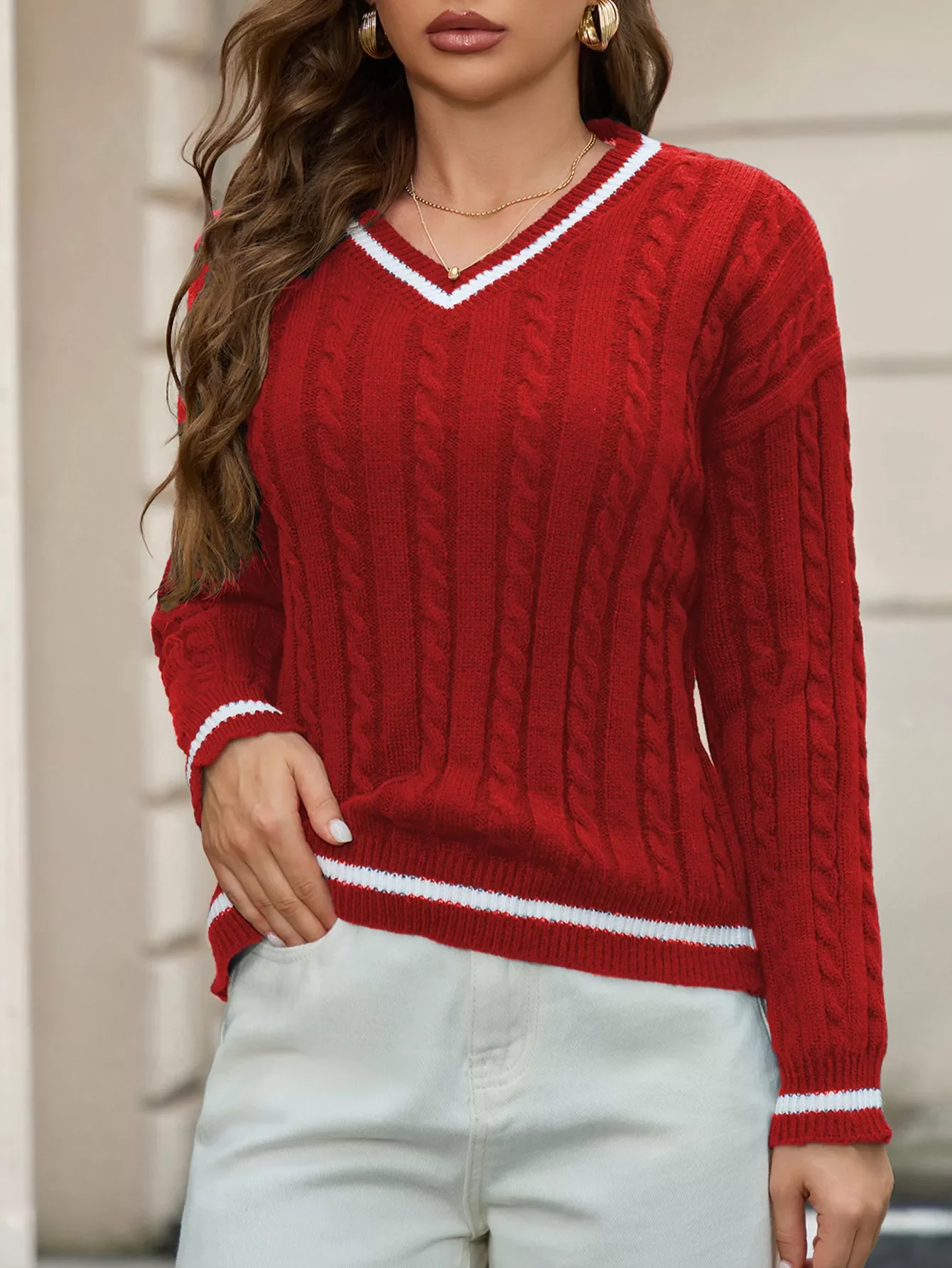 Classic Cable Knit V-Neck Sweater - Image 13