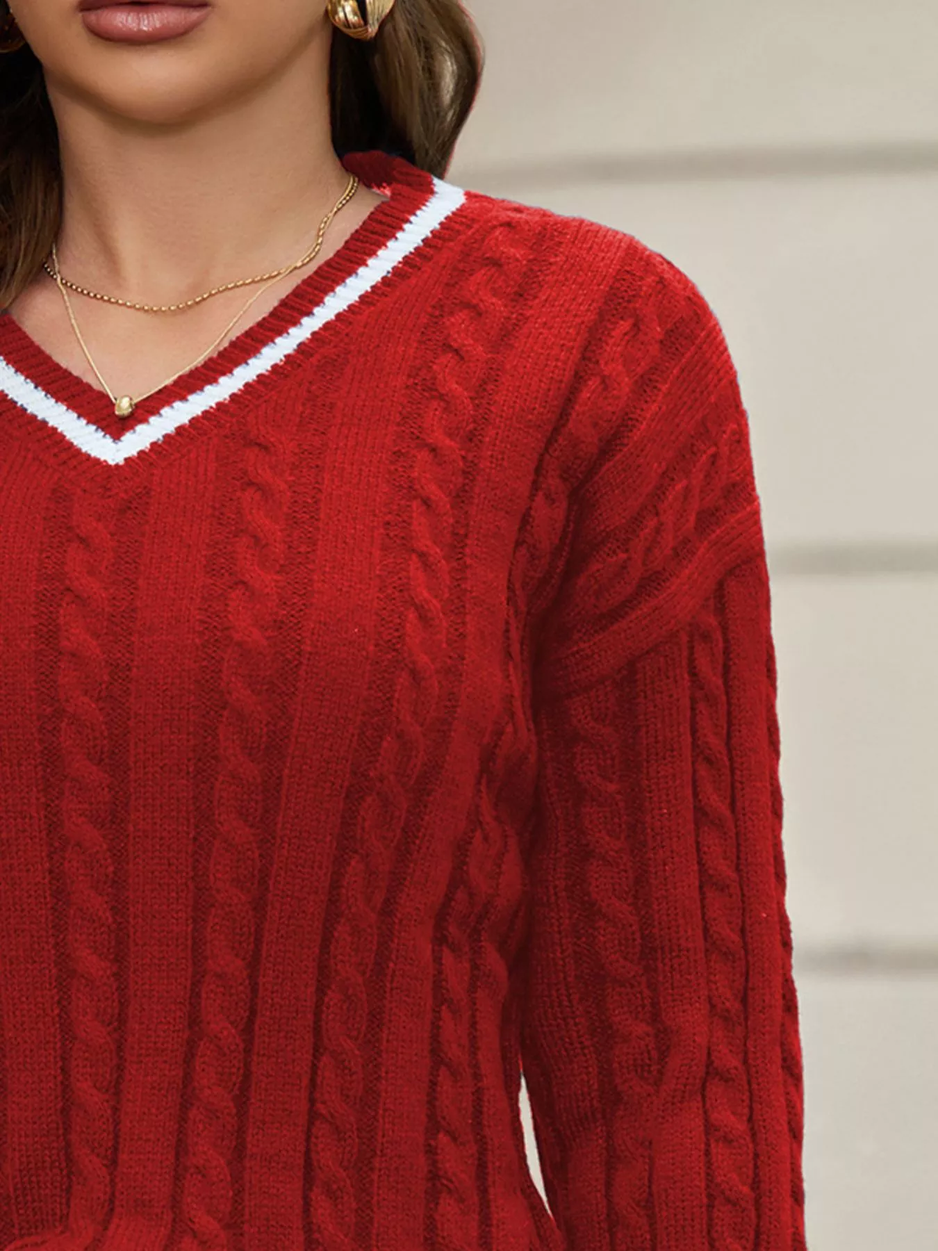 Classic Cable Knit V-Neck Sweater - Image 14