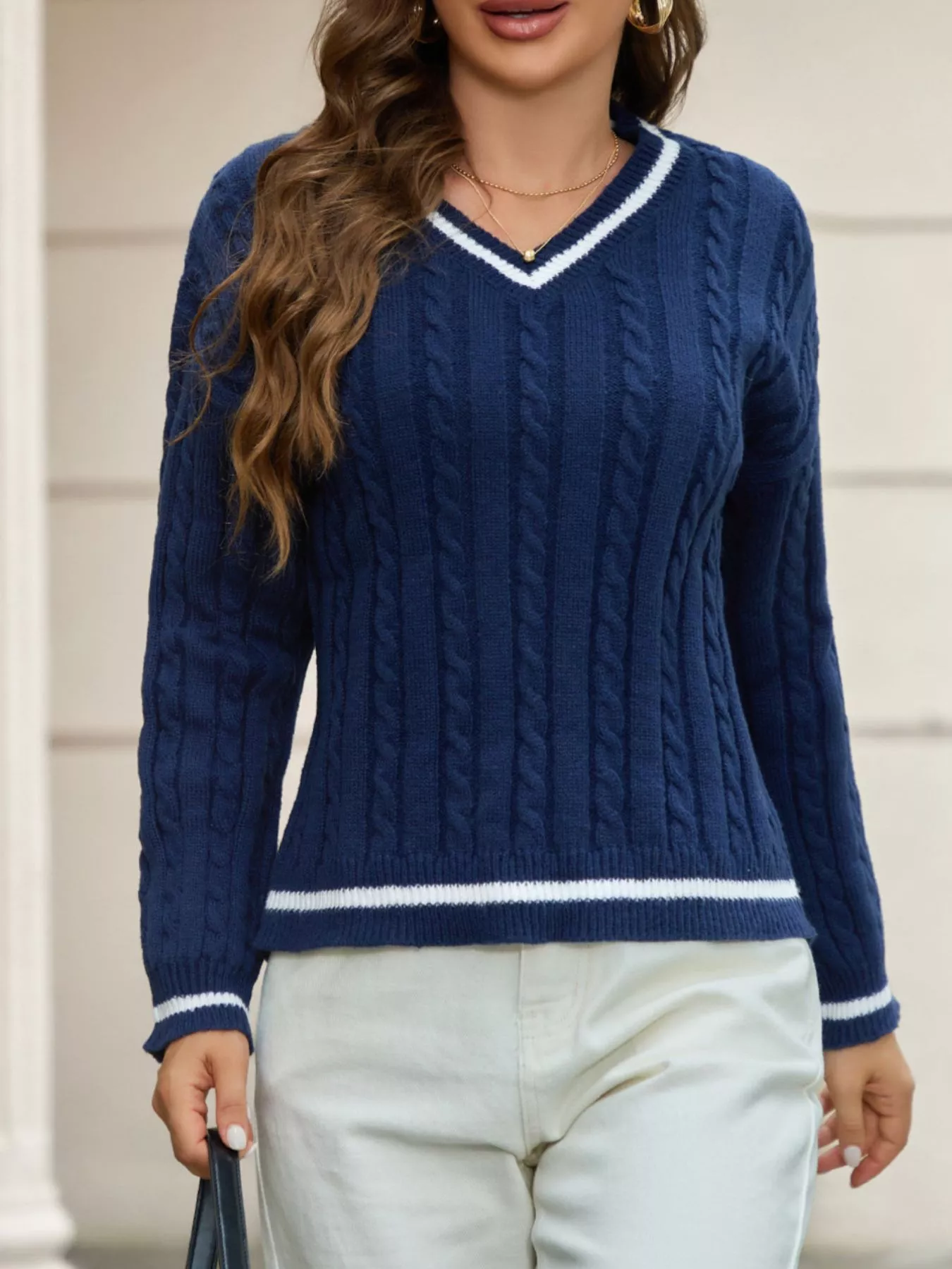 Classic Cable Knit V-Neck Sweater - Image 4