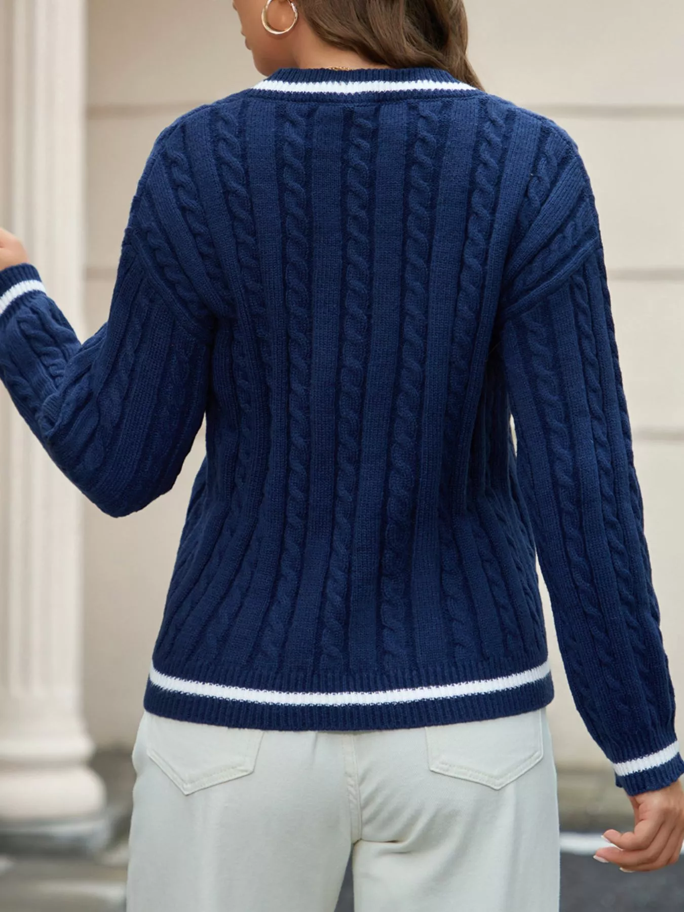 Classic Cable Knit V-Neck Sweater - Image 5