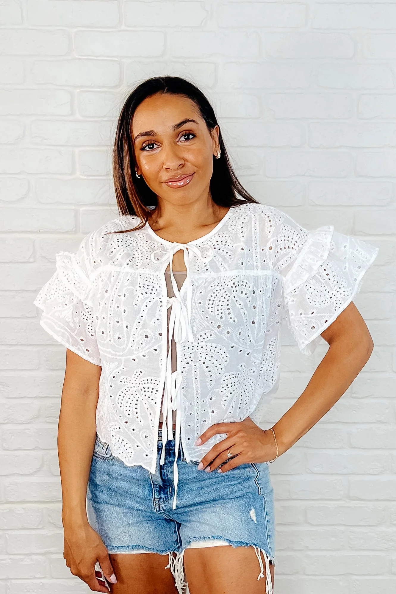Classy As Heck Eyelet Front Tie Top in Off White - Image 3