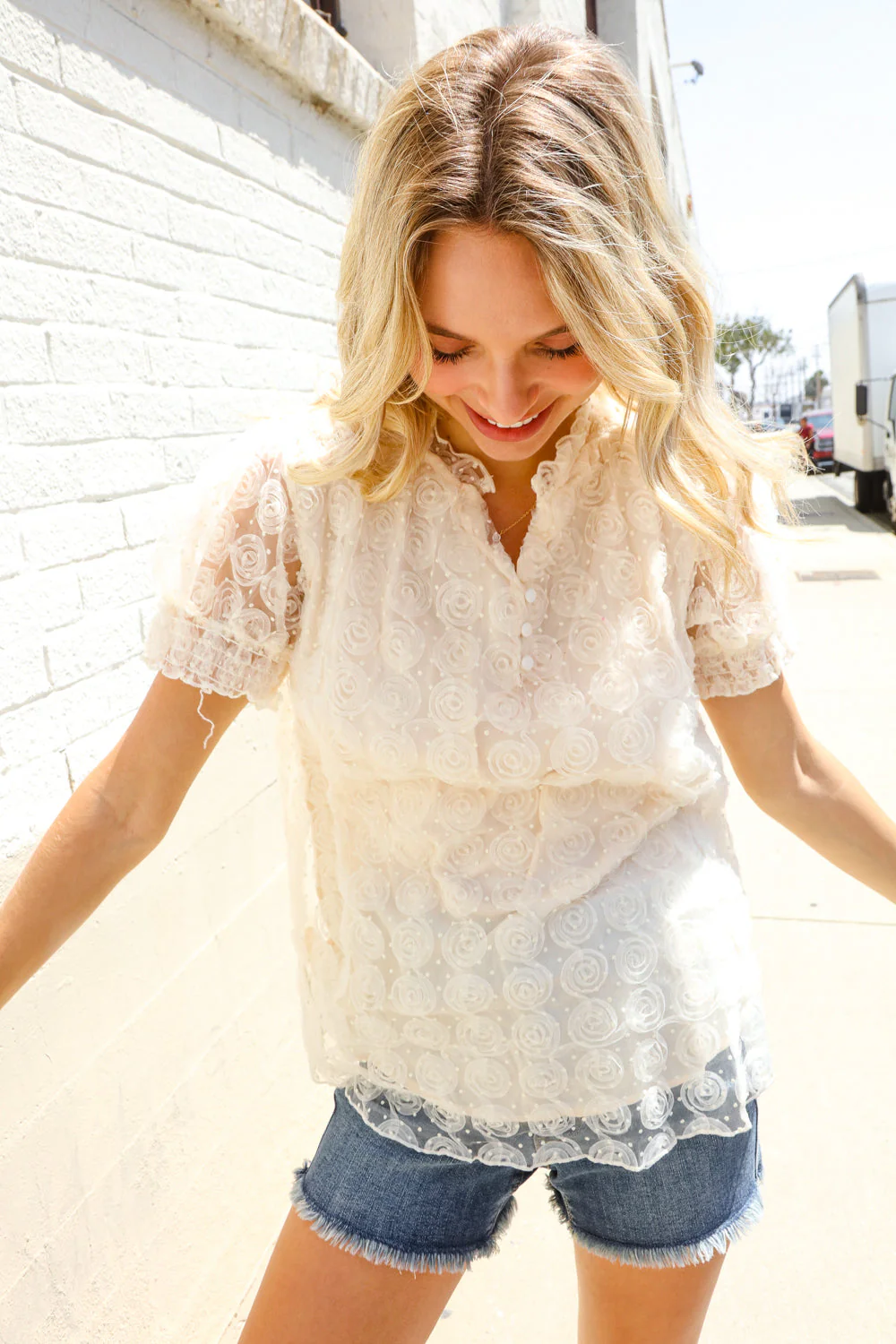 Classy Chic Ivory Swiss Dot Chiffon Button Yoke Lined Blouse - Image 12
