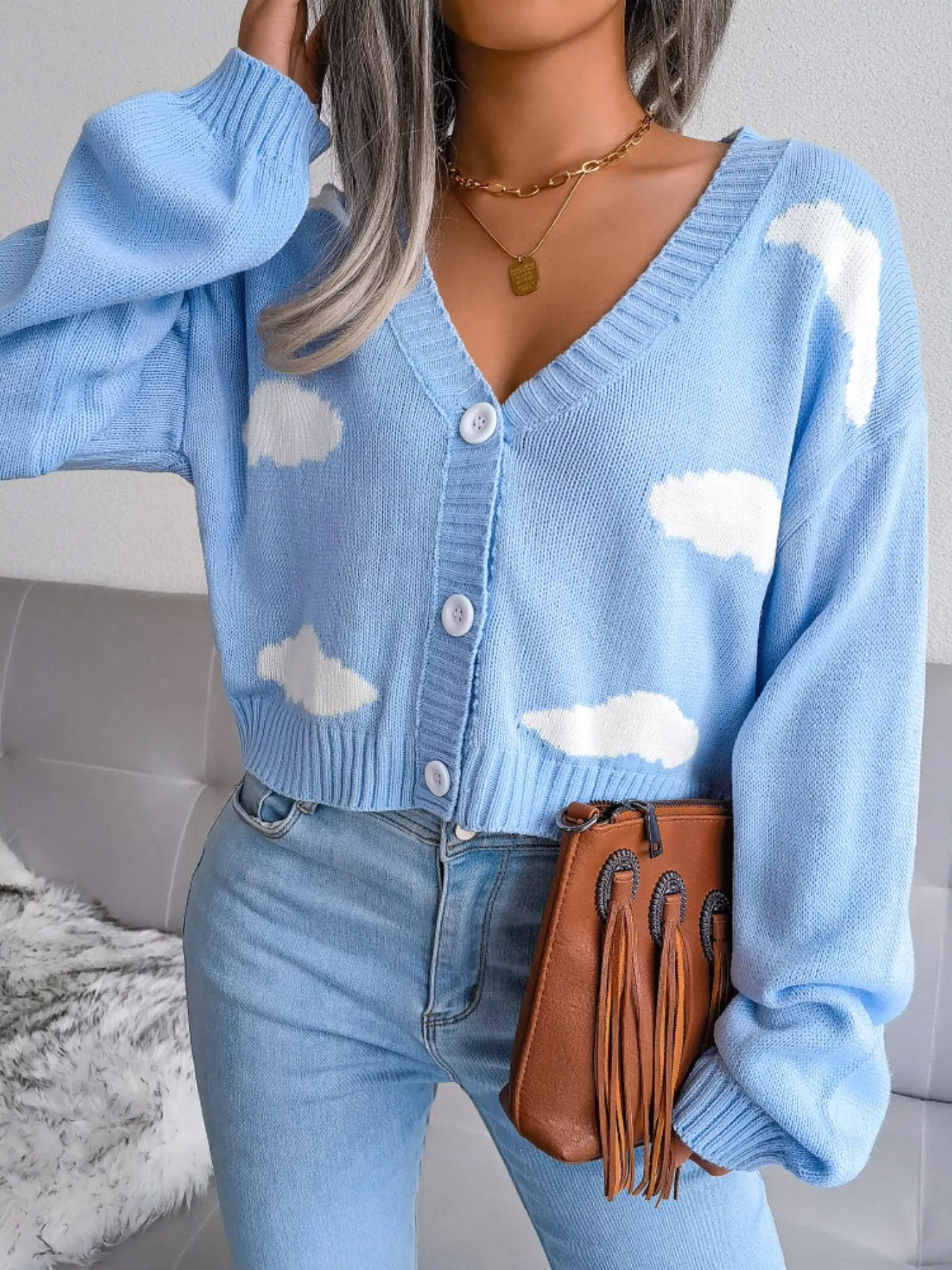 Cloud Pattern Button-Up Cropped Cardigan - Image 16