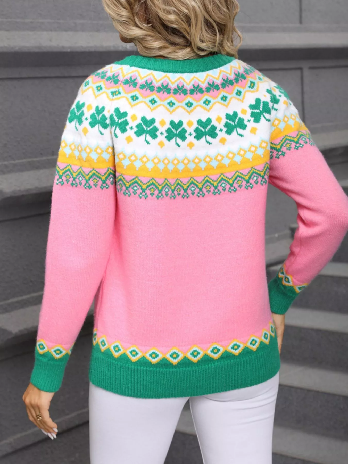 Clover Pattern Round Neck Knitted Sweater - Image 4