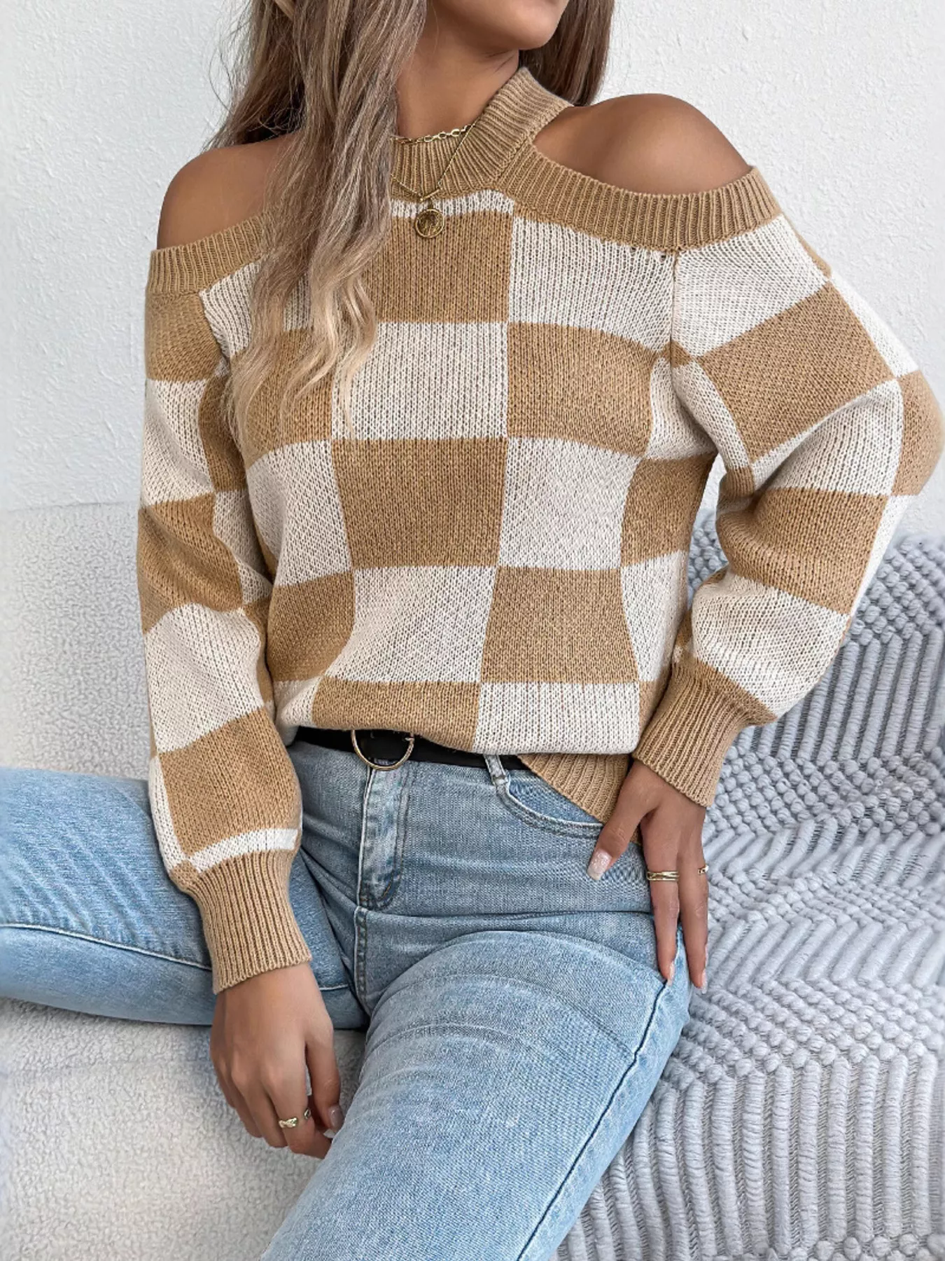 Cold Shoulder Checkered Long Sleeve Sweater - Image 13