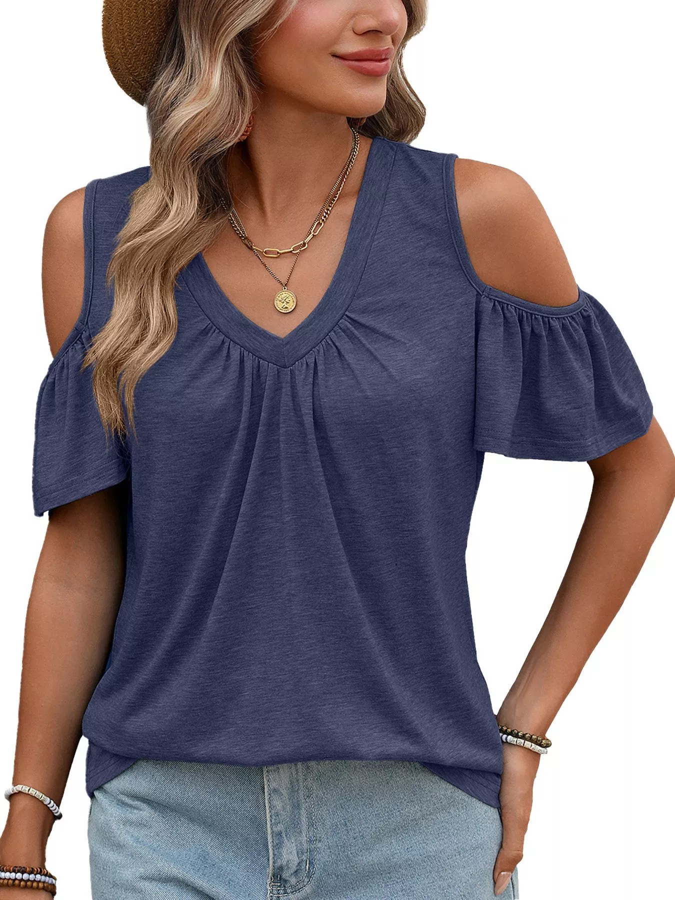 Cold Shoulder V-Neck T-Shirt - Image 25