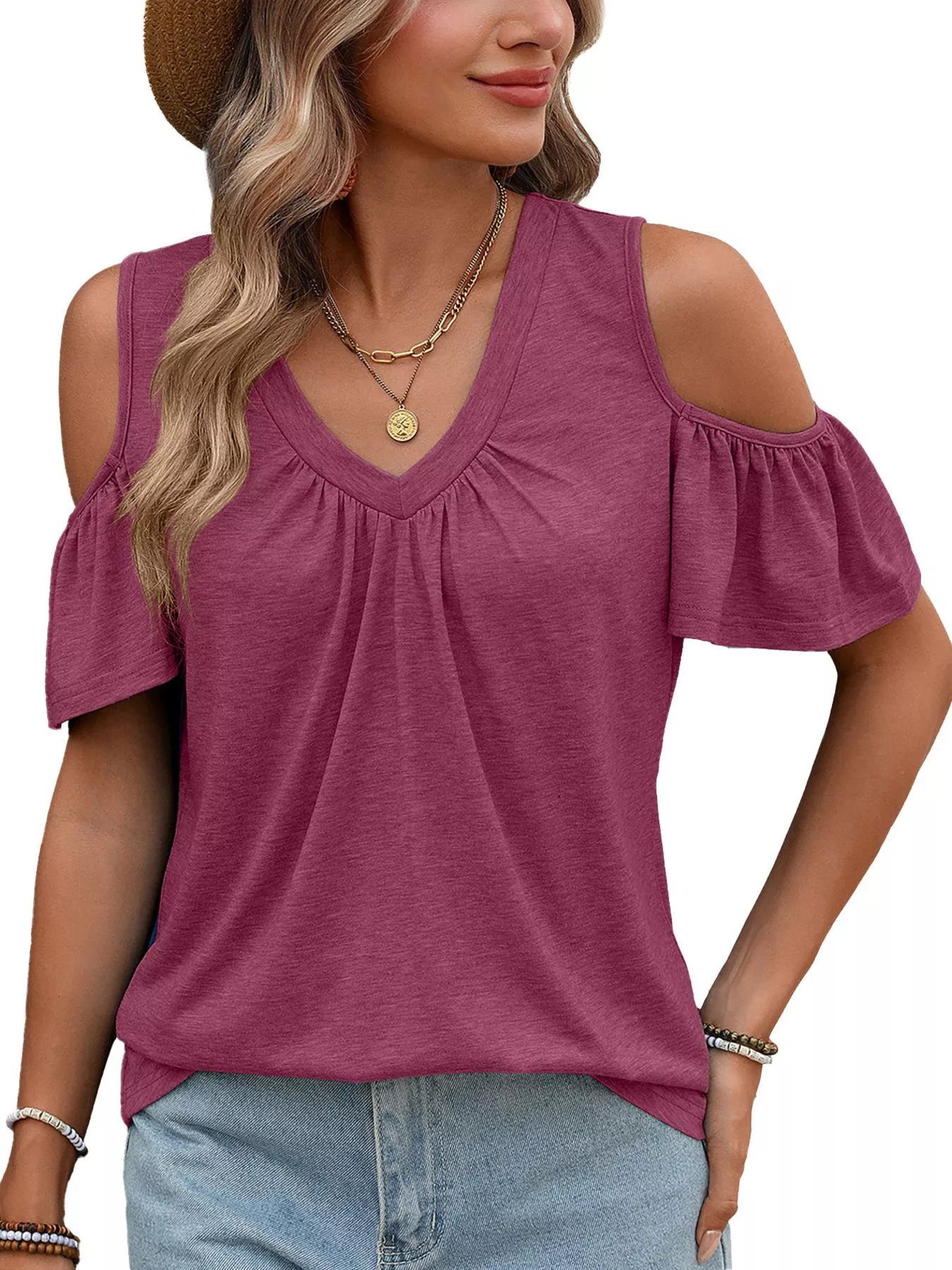 Cold Shoulder V-Neck T-Shirt - Image 29