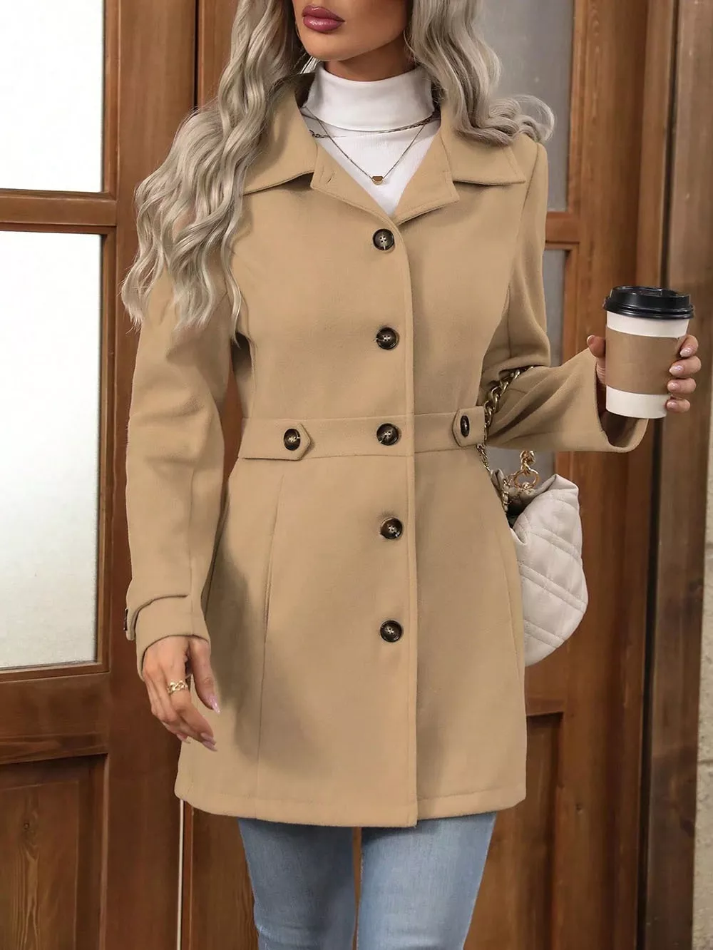 Collared Neck Button Up Coat - Image 7