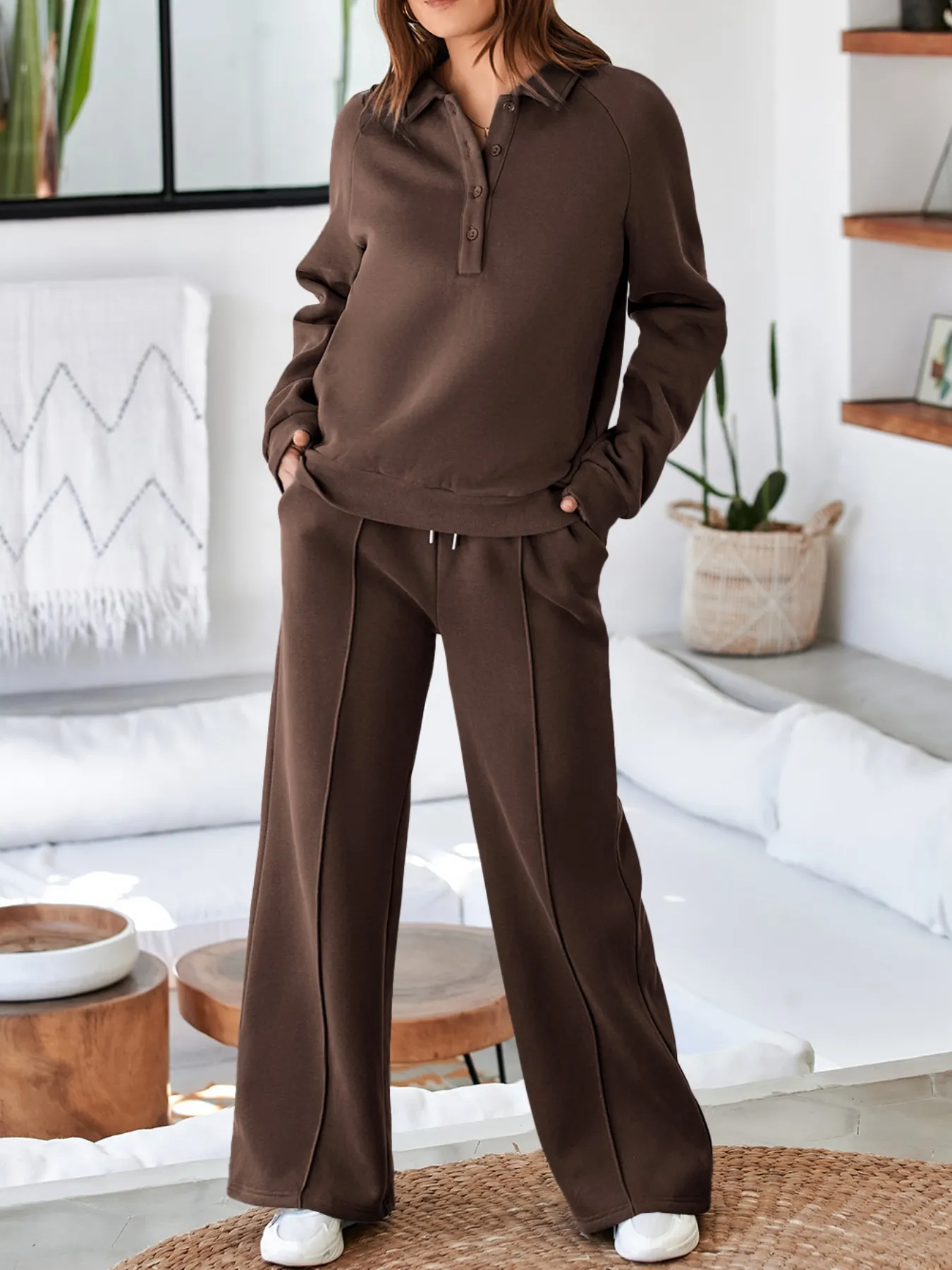 Collared Sweatshirt and High Waist Pants Active Set - Image 11