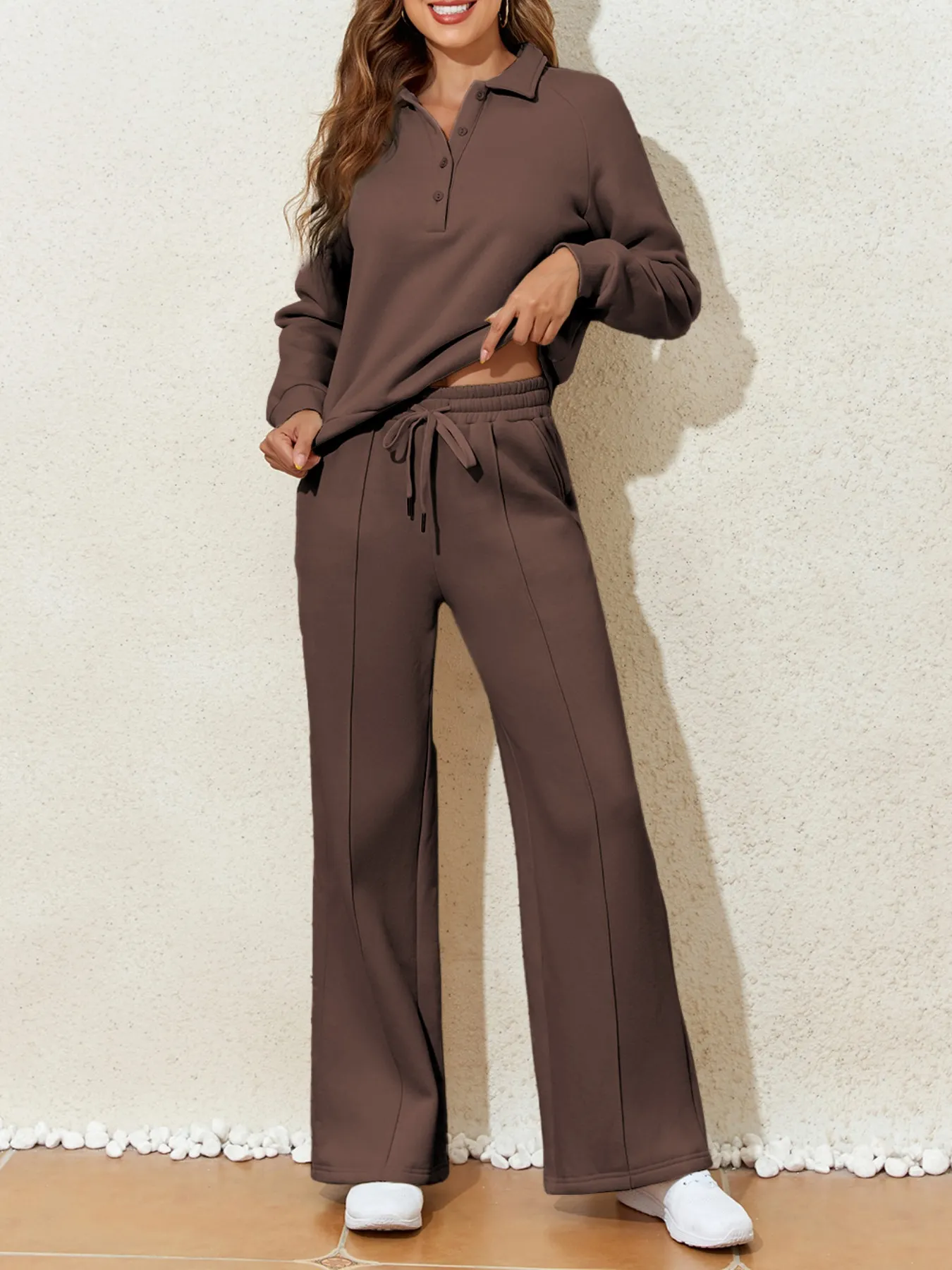 Collared Sweatshirt and High Waist Pants Active Set - Image 8
