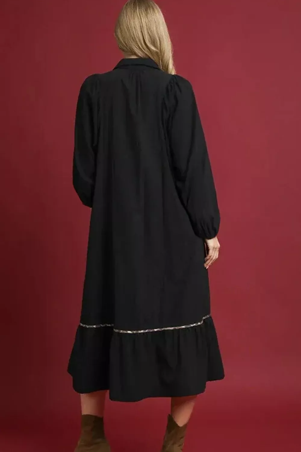 Collared V Neck Smocked Detail Contrast Leopard Trim Dress - Image 7