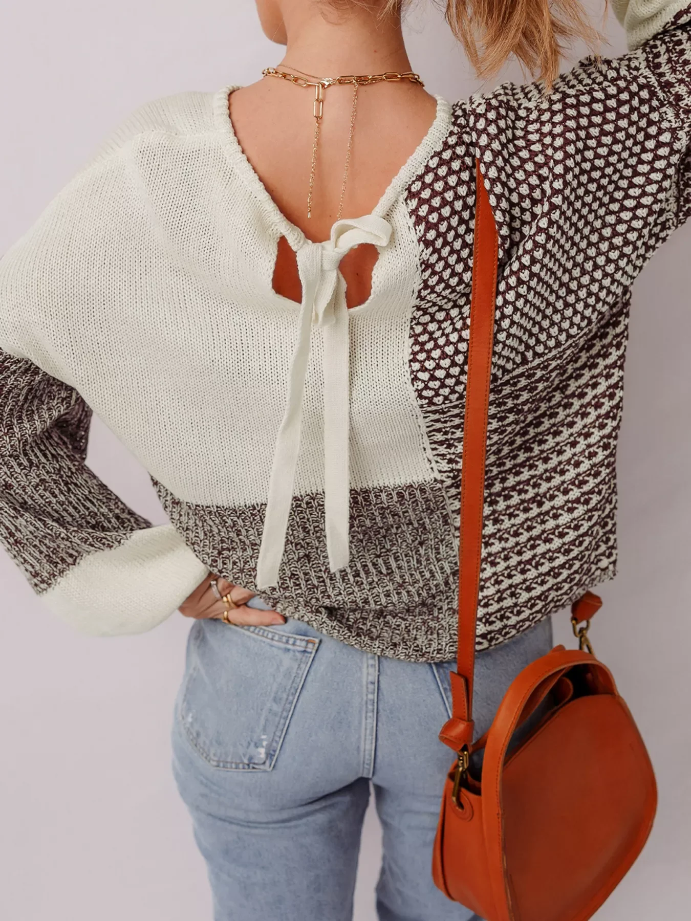 Color Block Back Tie Drop Shoulder Loose Sweater - Image 3