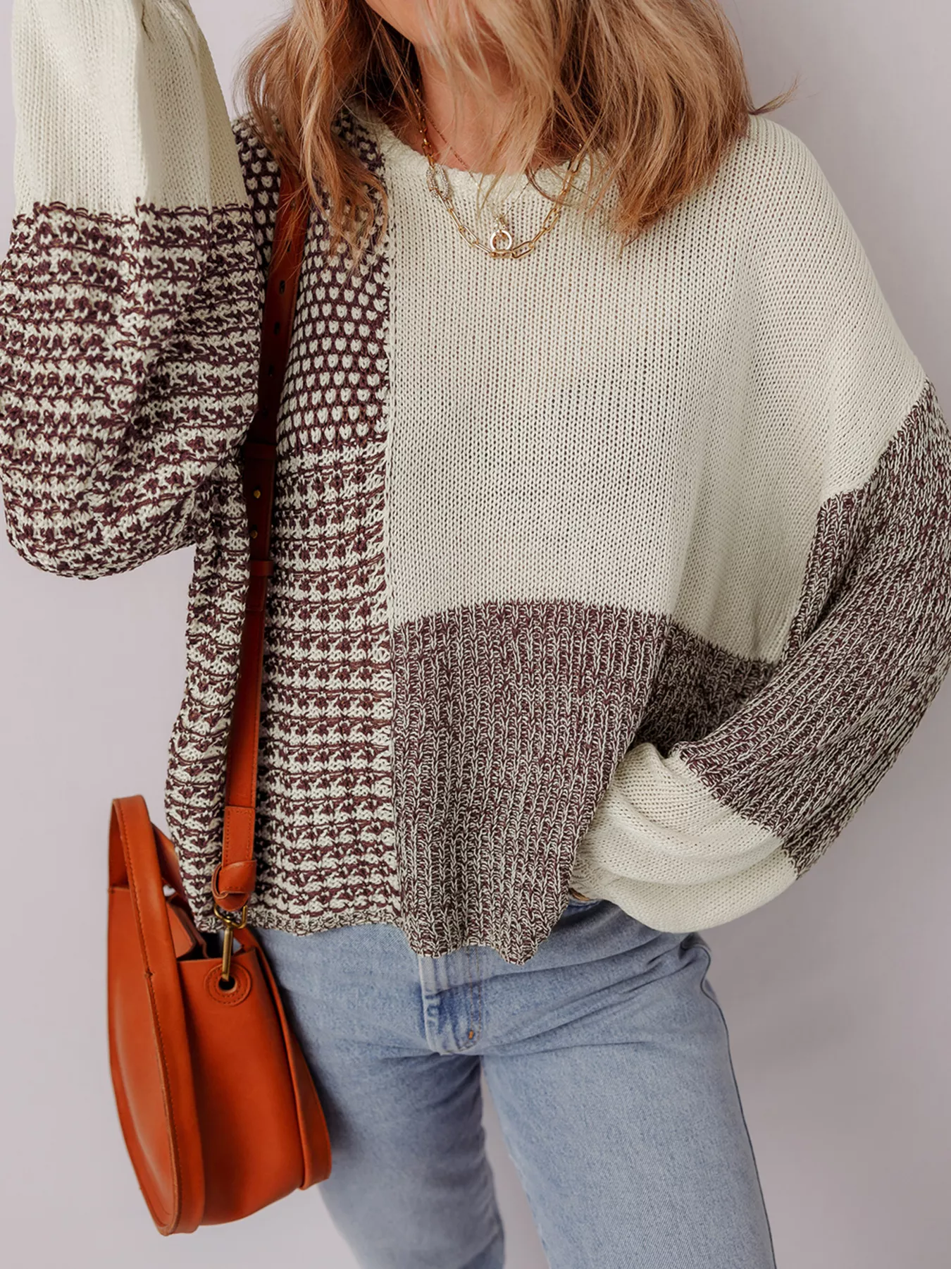 Color Block Back Tie Drop Shoulder Loose Sweater - Image 4